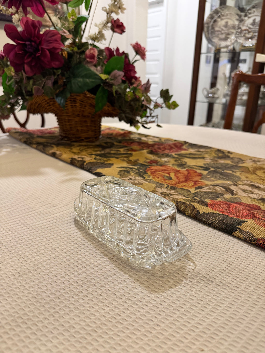Clear glass butter dish featuring the "Star of David"