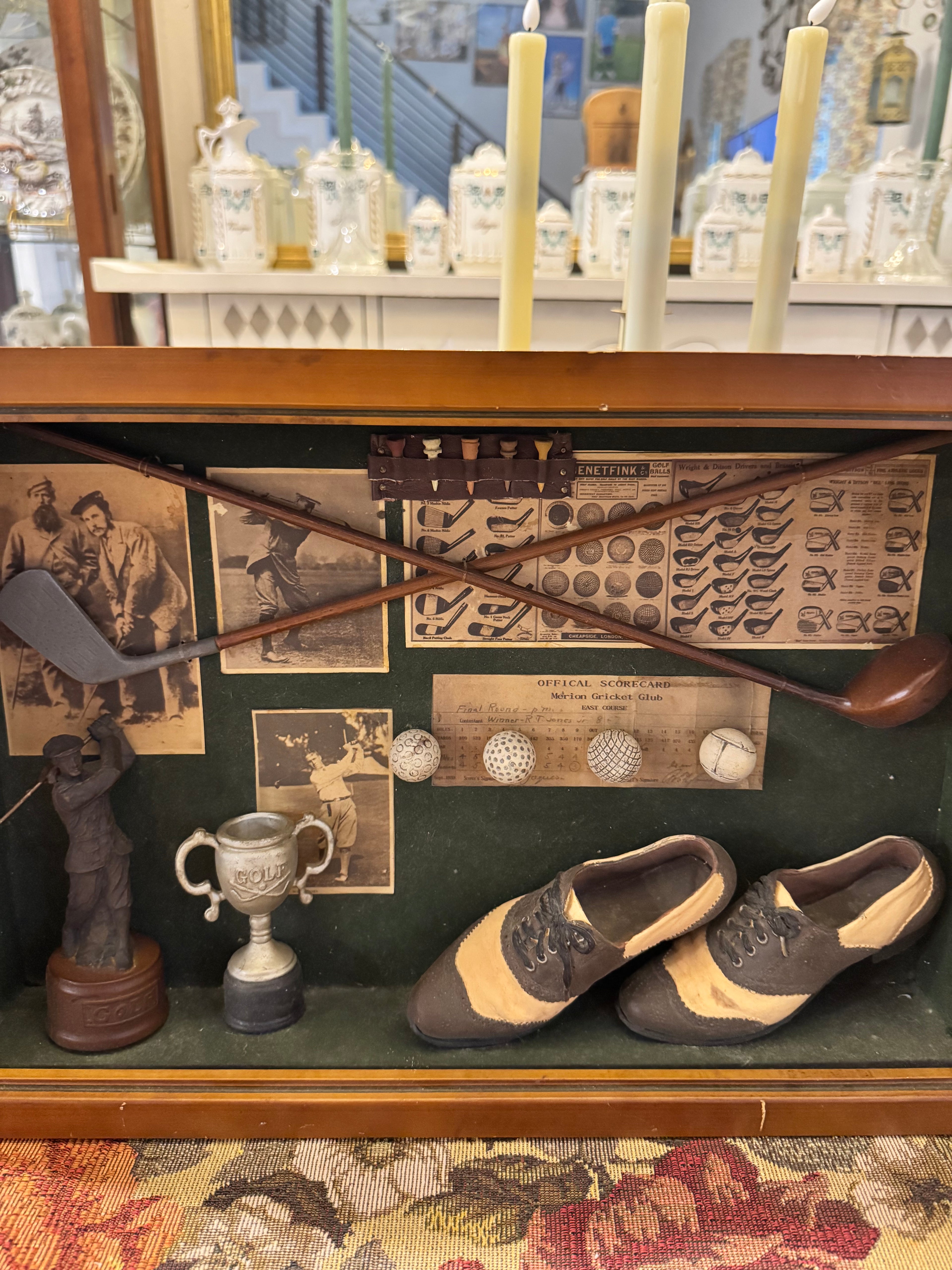 Vintage golf memorabilia shadow box display