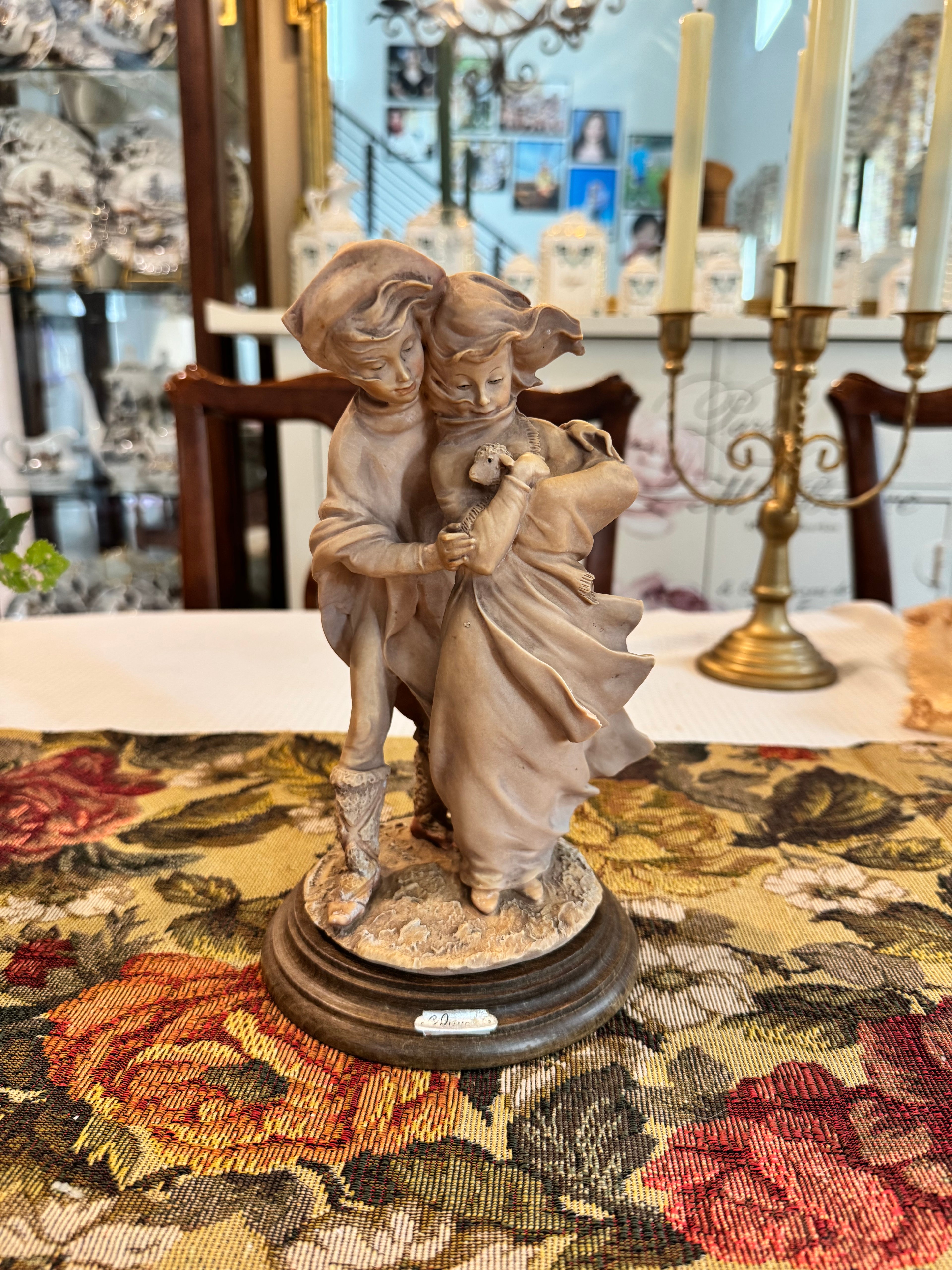 Vintage Giuseppe Armani "Boy and Girl with Lamb" sculpture, crafted in Florence, Italy