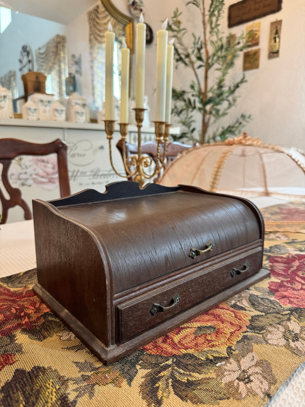 Antique wooden desk organizer, a Victorian-era English tambour front stationery.