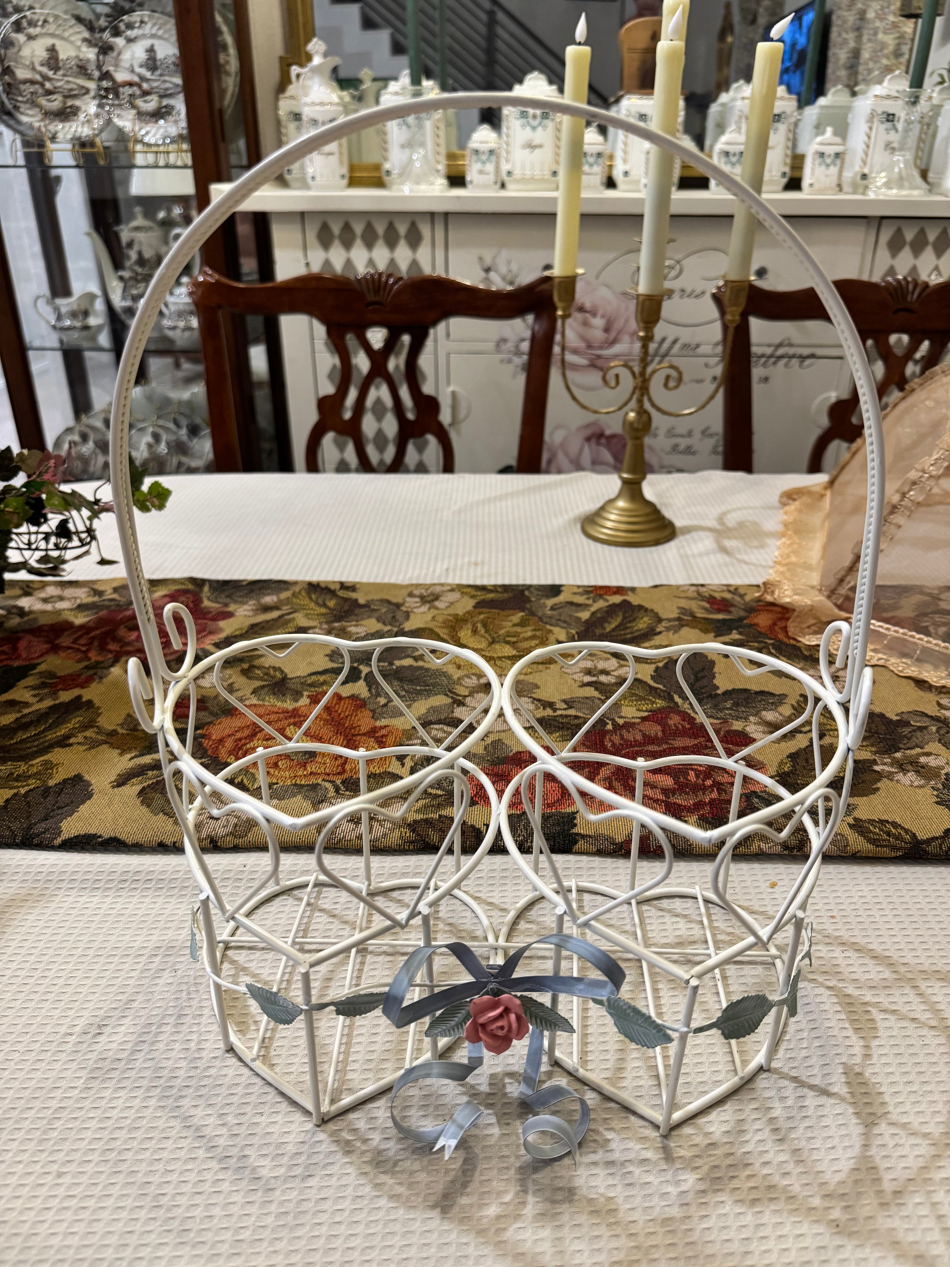 Vintage metal double heart-shaped flower basket