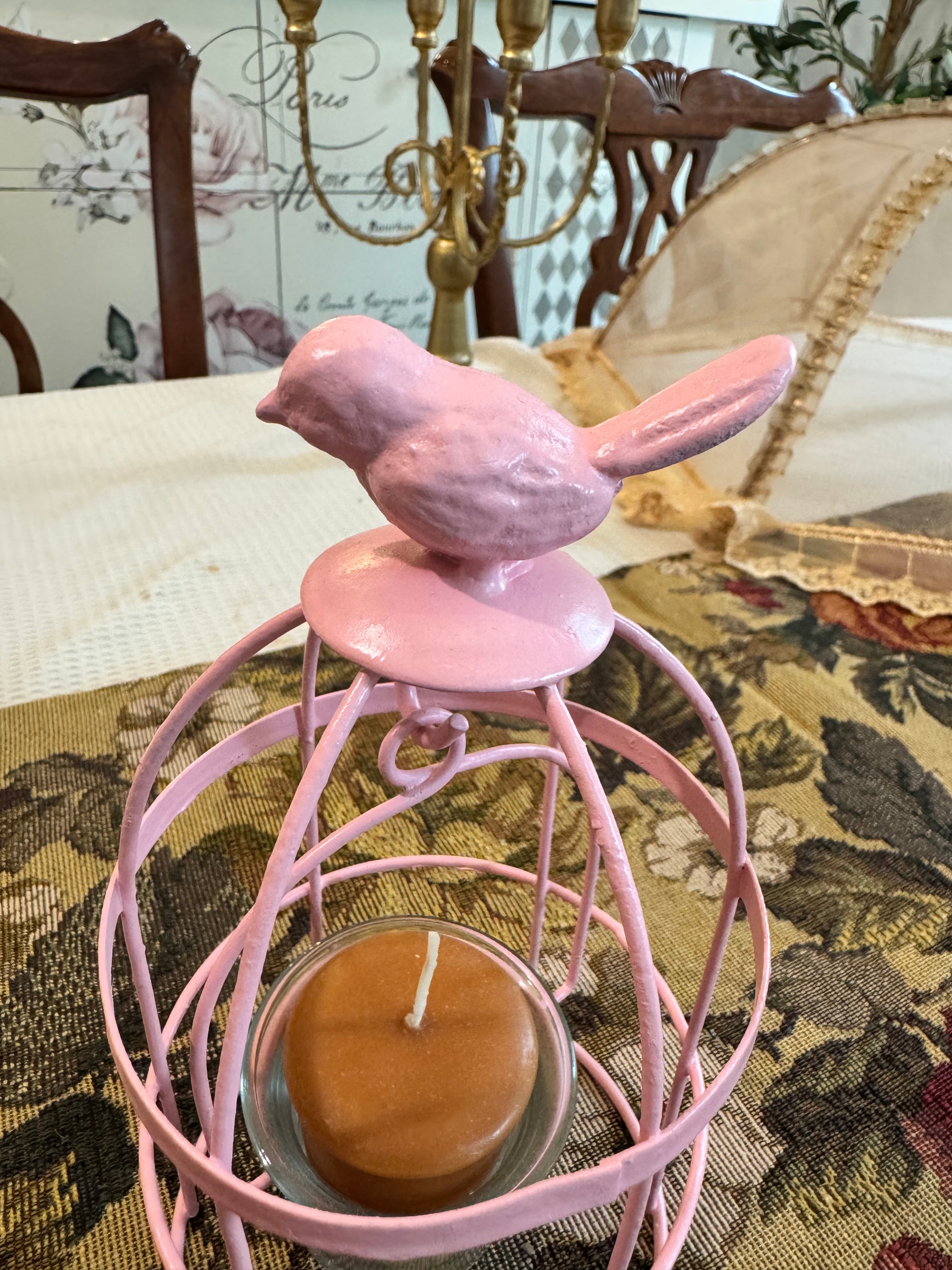 Decorative pink metal bird cage candle holder