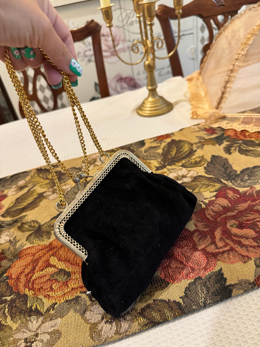 Vintage black velvet clutch with gold chain strap