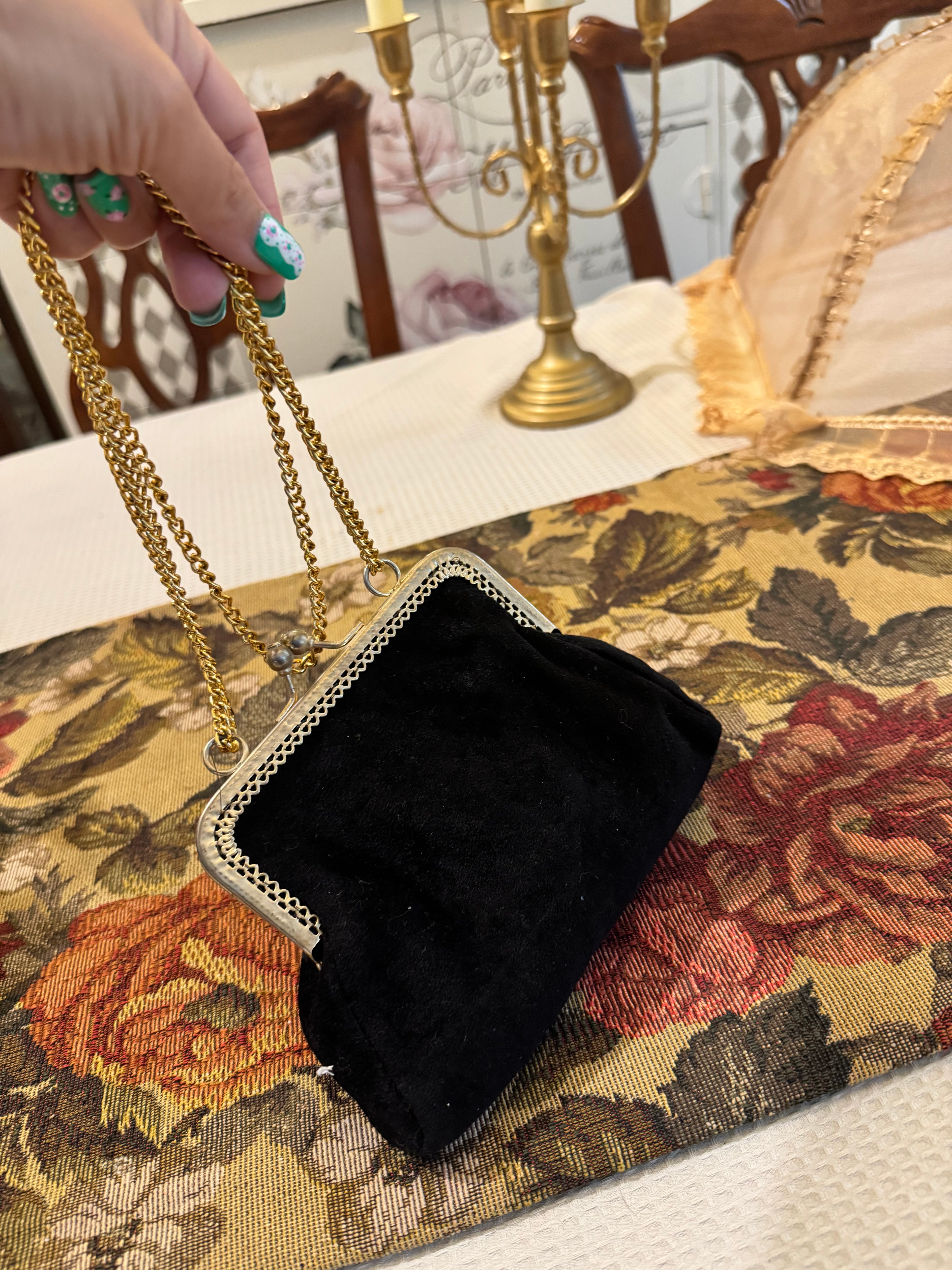Vintage black velvet clutch with gold chain strap