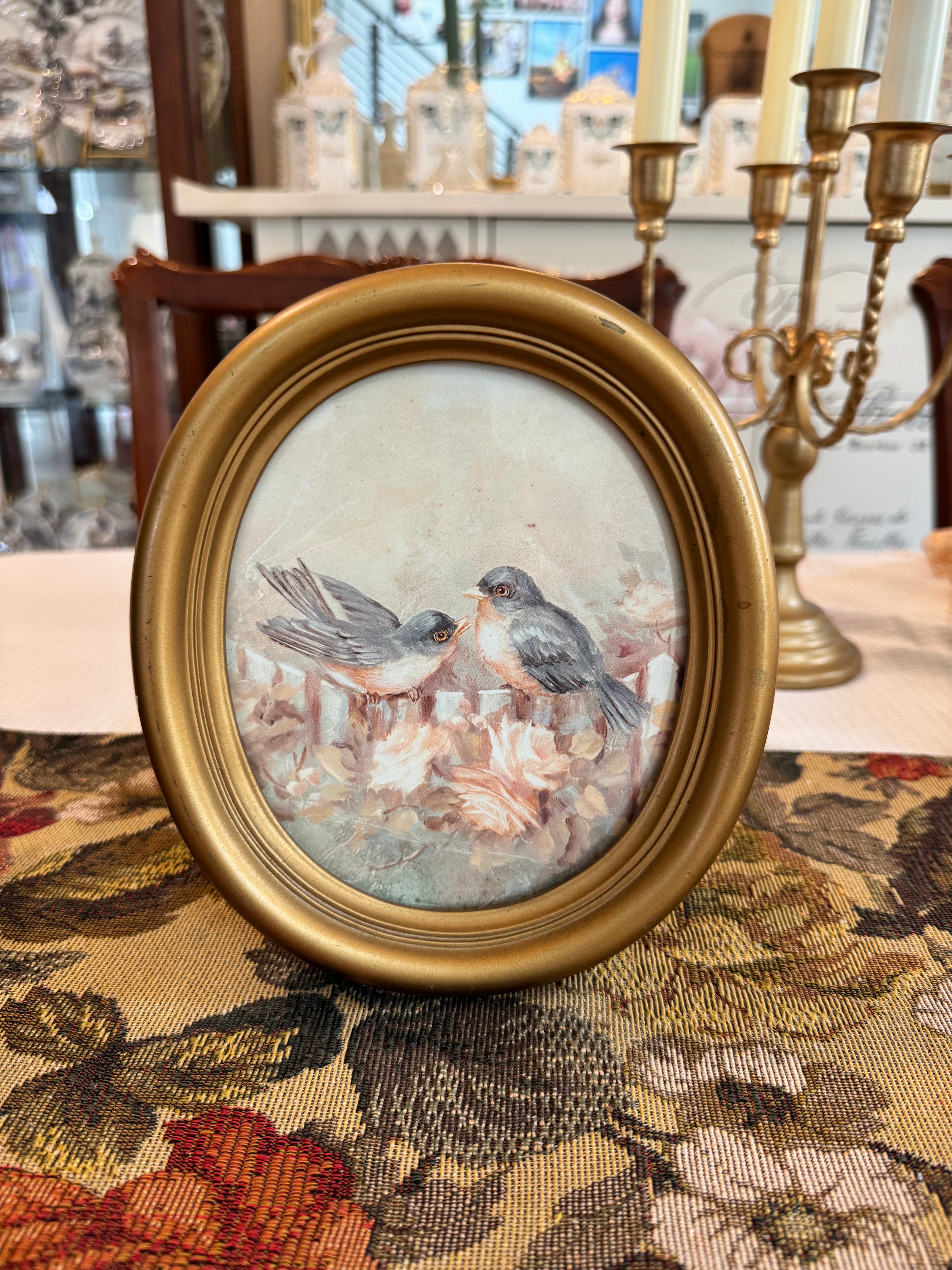 Vintage artwork “Birds in Flower Garden” with a pair of oval frames lithograph by artist Margie Morrow