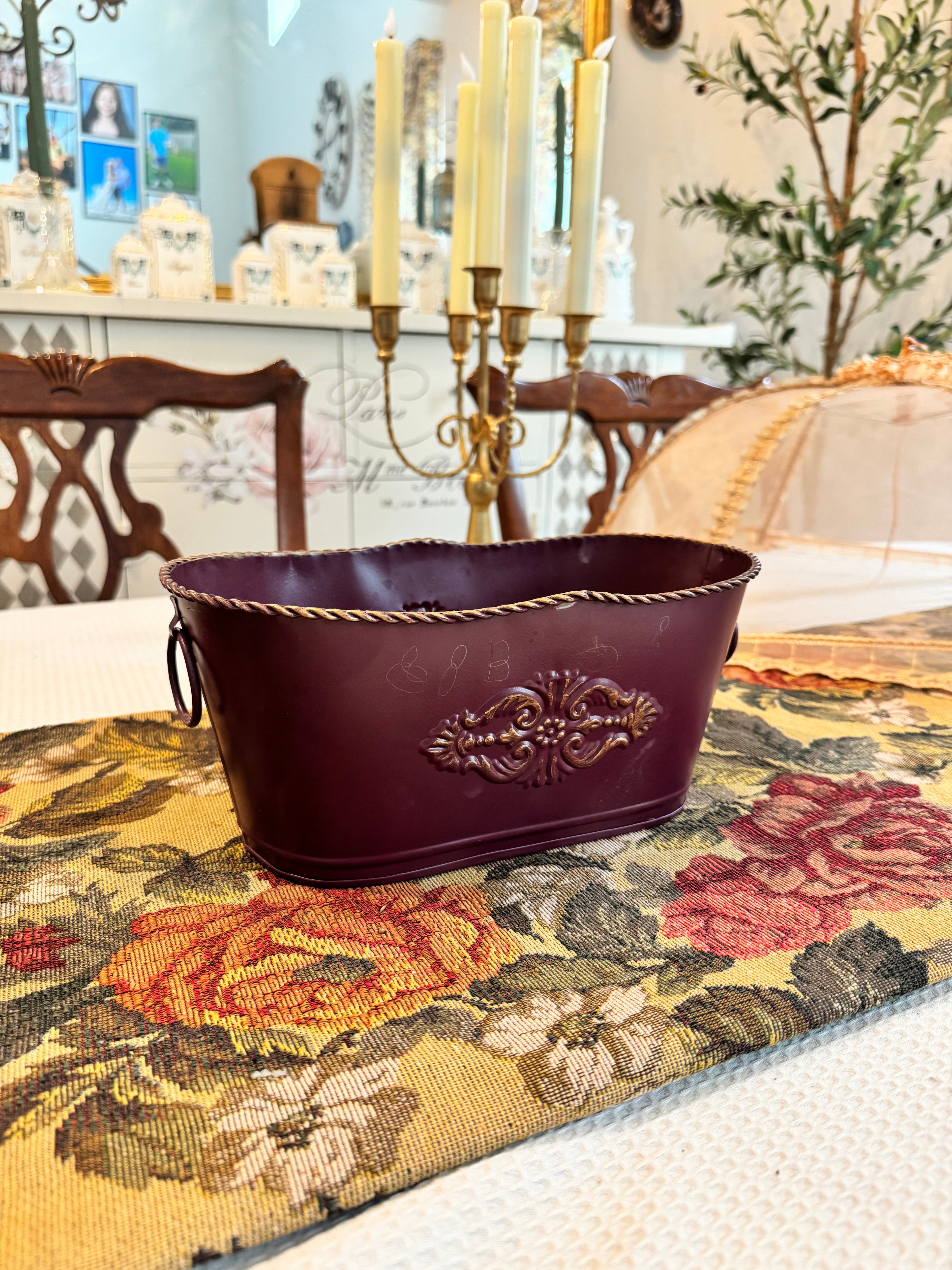 Vintage style decorative maroon metal bowl or planter