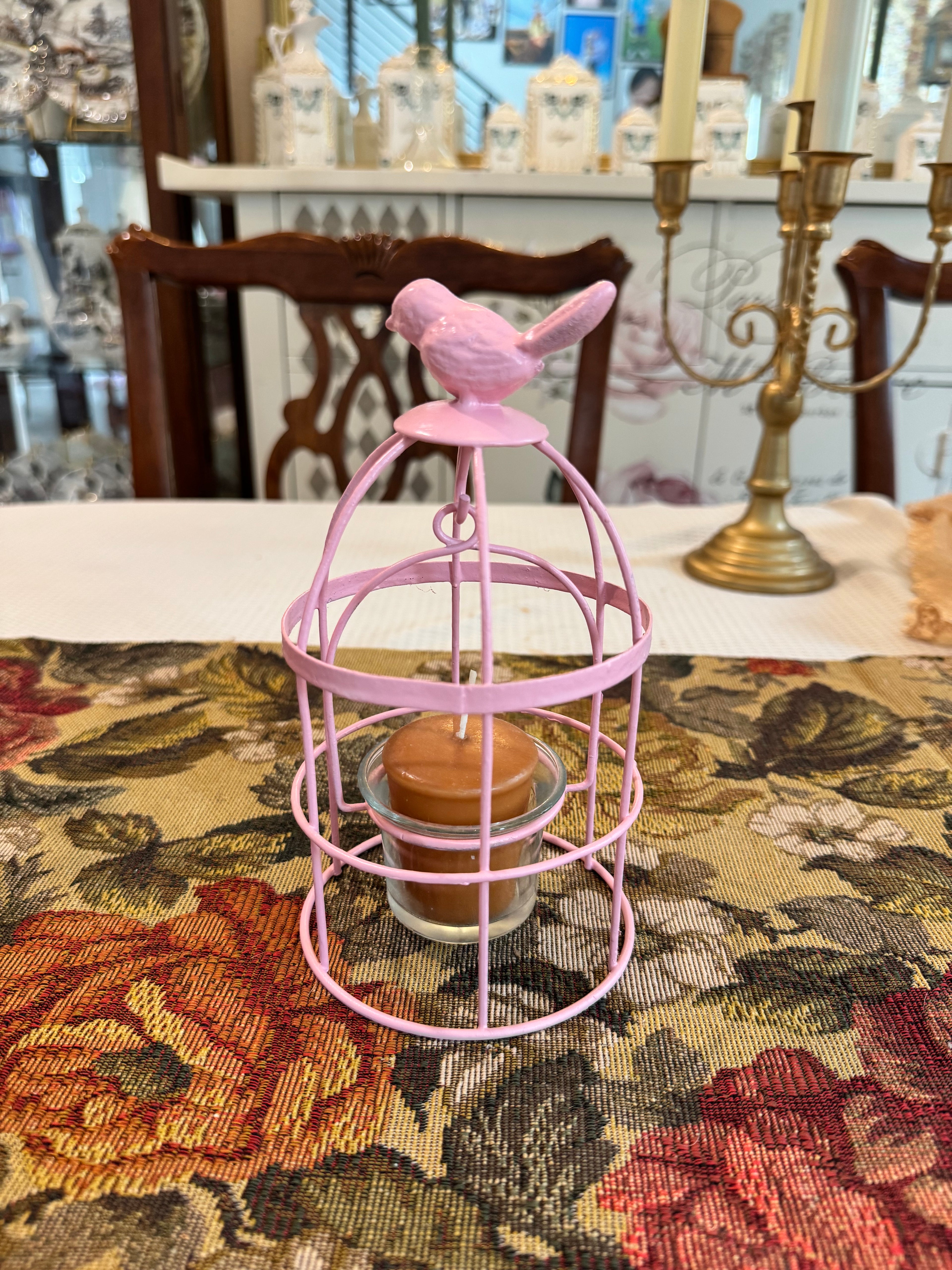Decorative pink metal bird cage candle holder