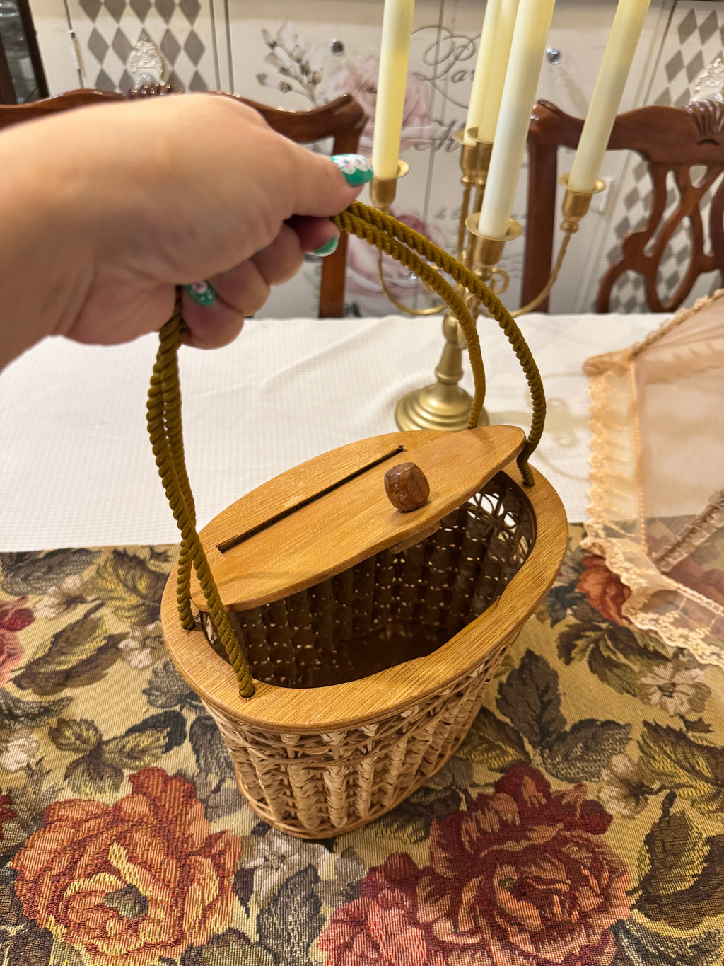 Vintage wooden and wicker sewing basket handbag