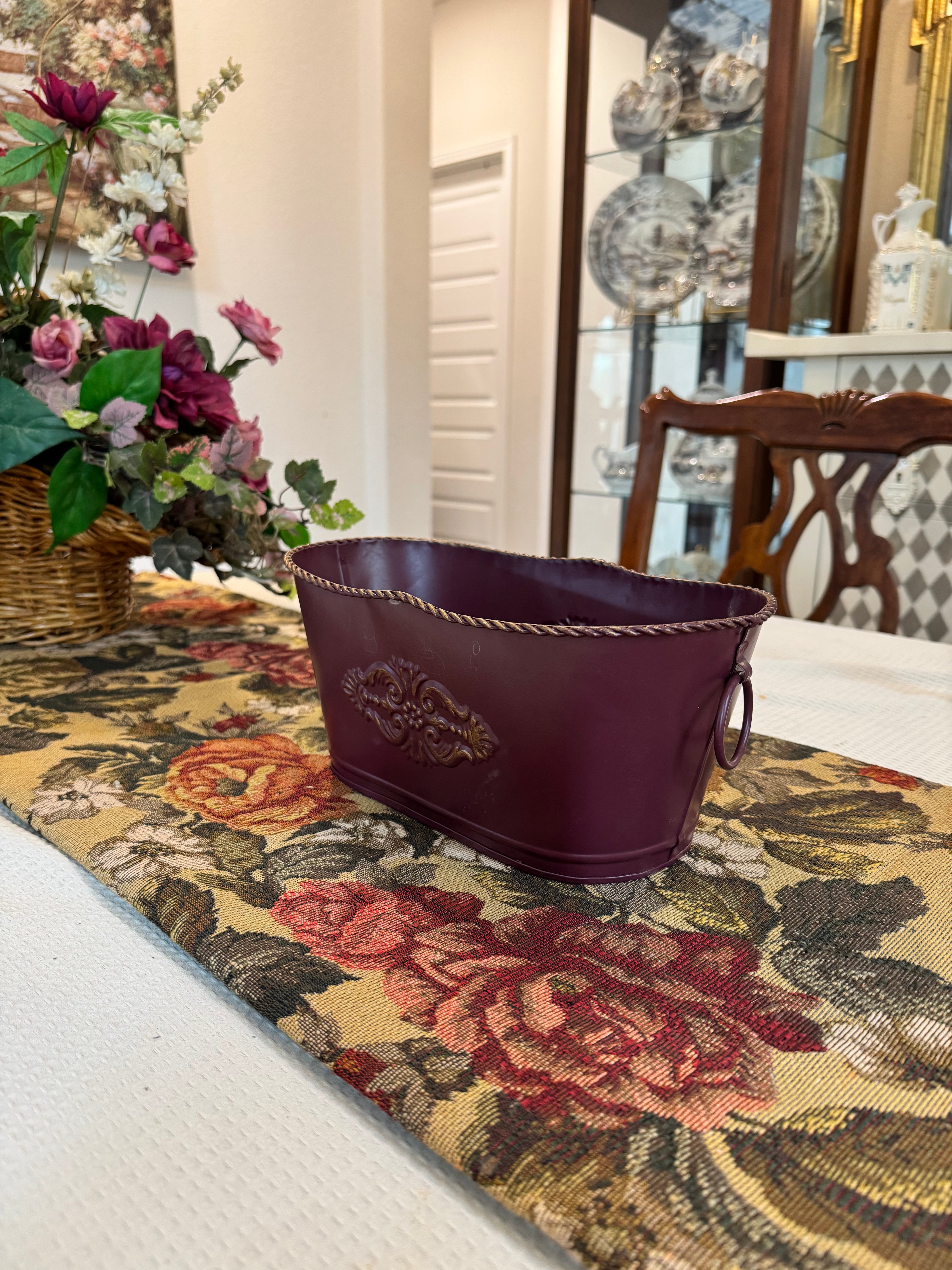 Vintage style decorative maroon metal bowl or planter