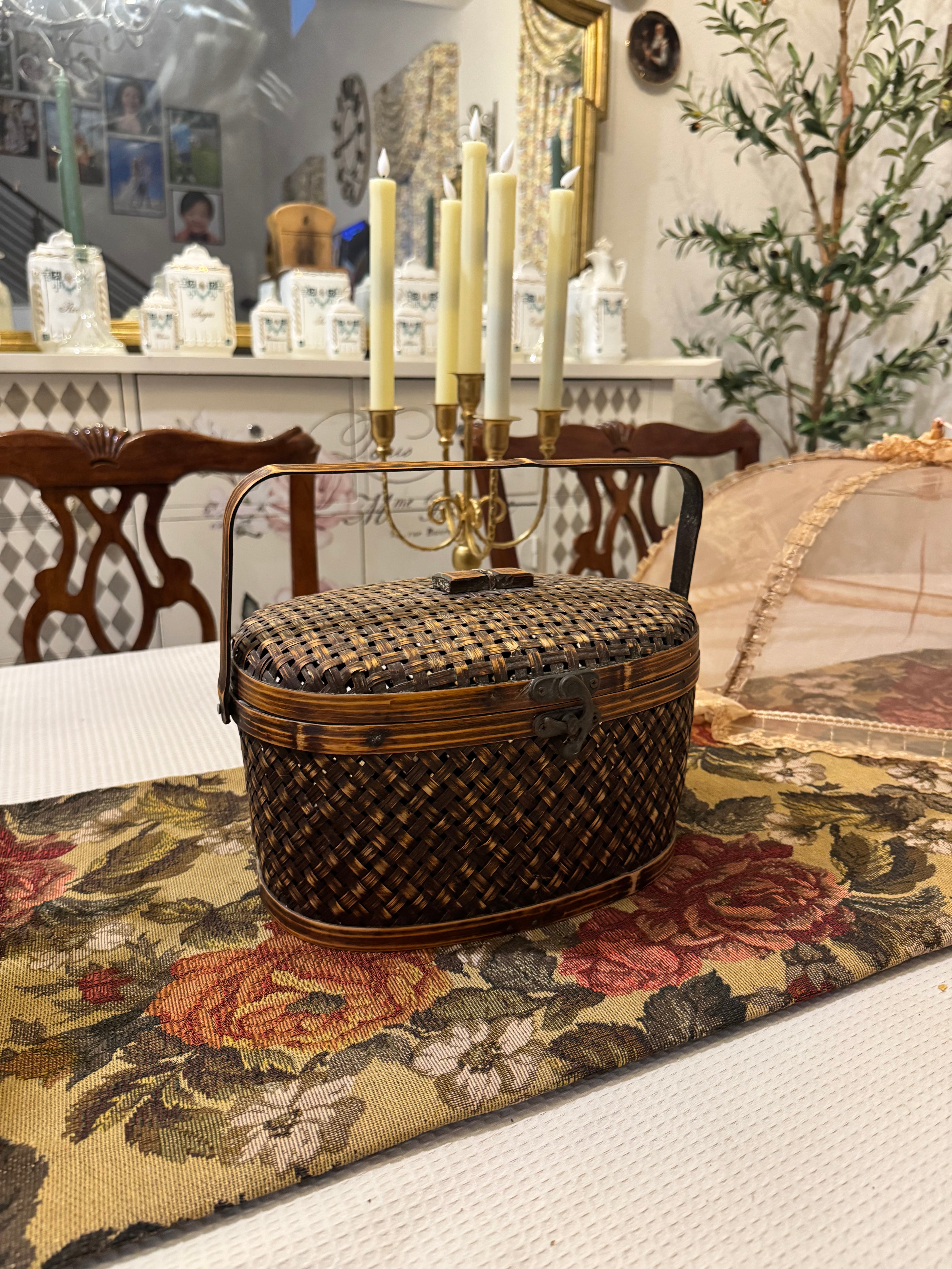 Vintage hand-woven bamboo wood storage basket