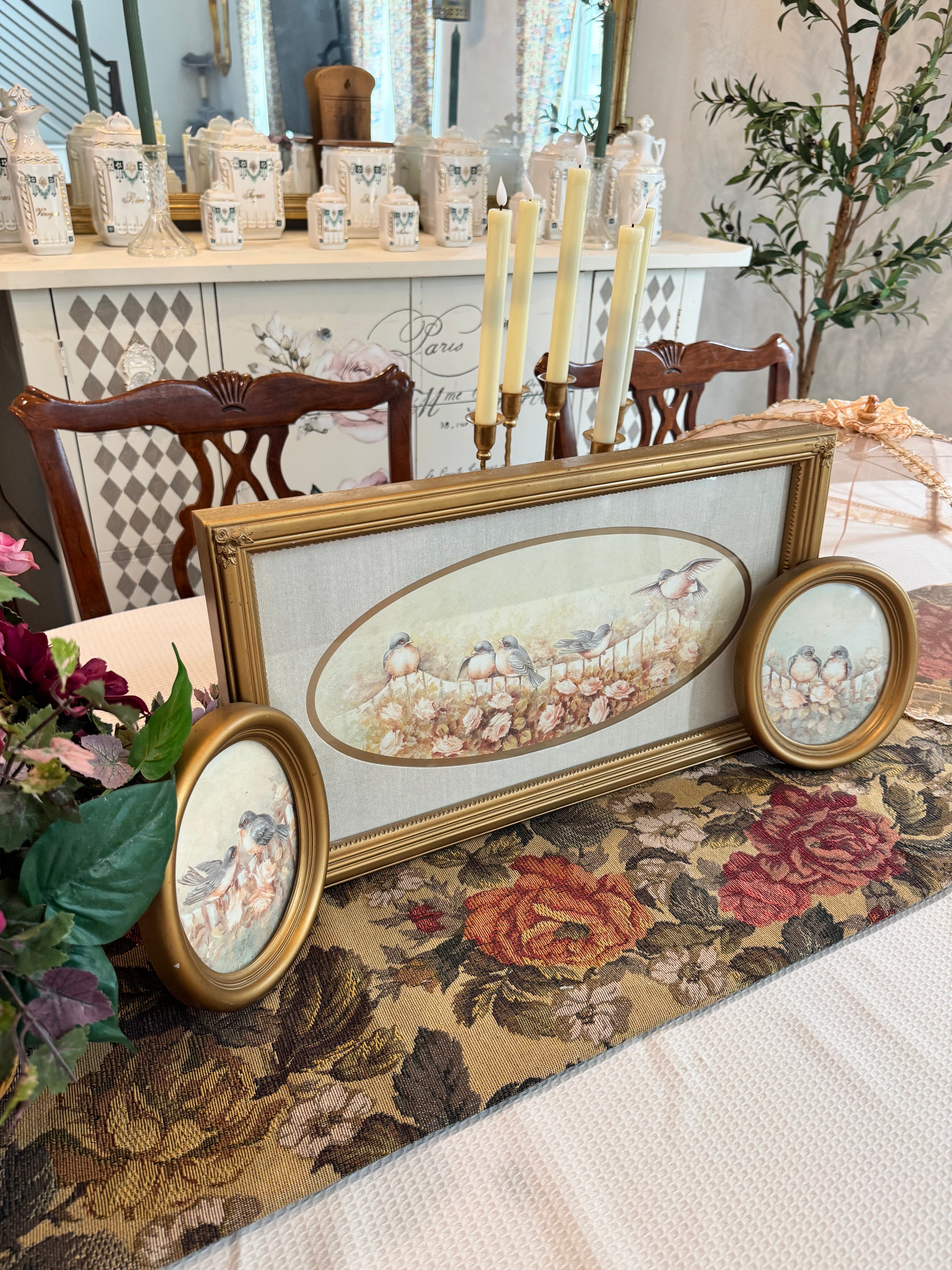 Vintage artwork “Birds in Flower Garden” with a pair of oval frames lithograph by artist Margie Morrow