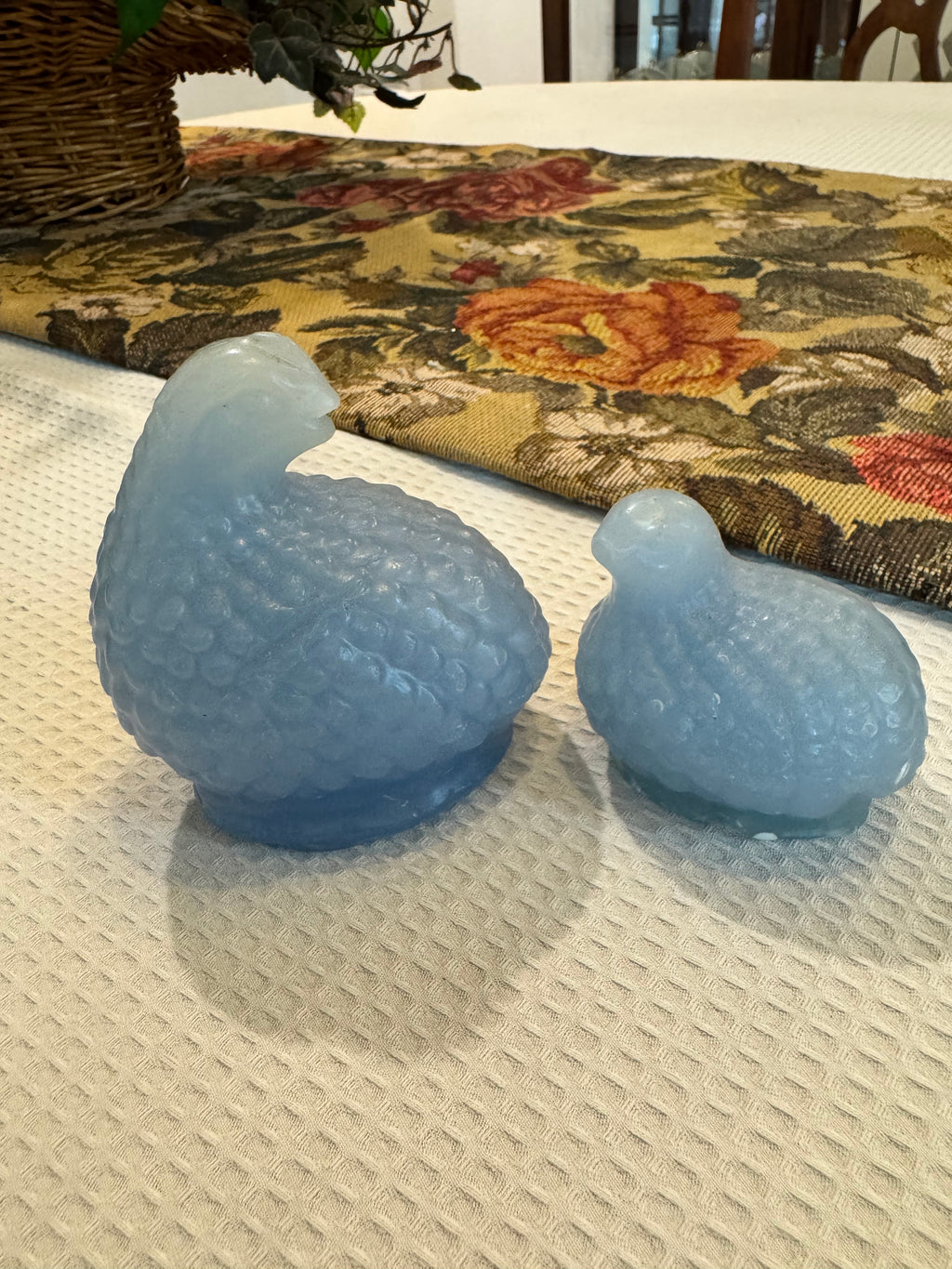 Vintage French blue opaline glass nesting quails figurines