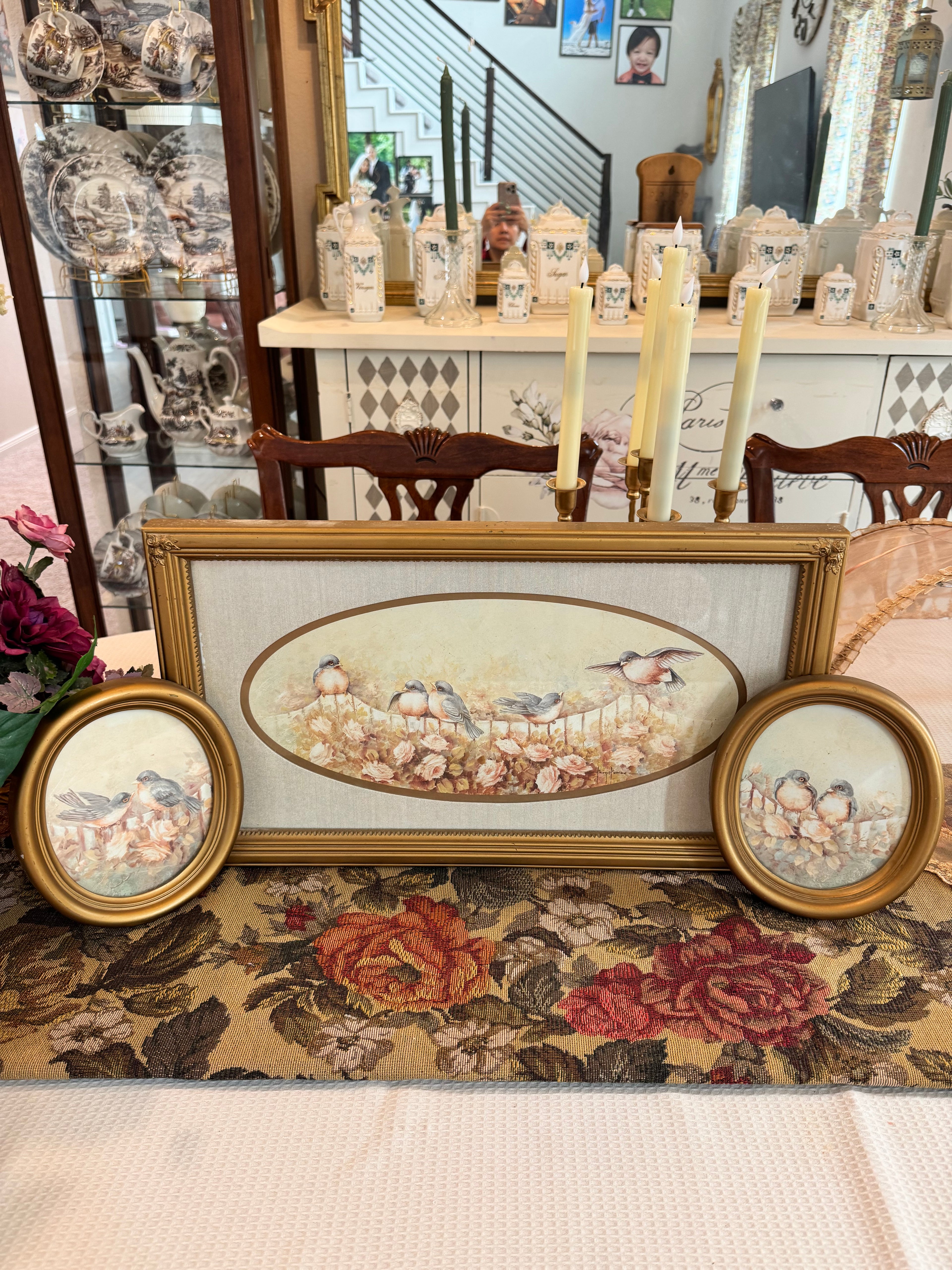 Vintage artwork “Birds in Flower Garden” with a pair of oval frames lithograph by artist Margie Morrow