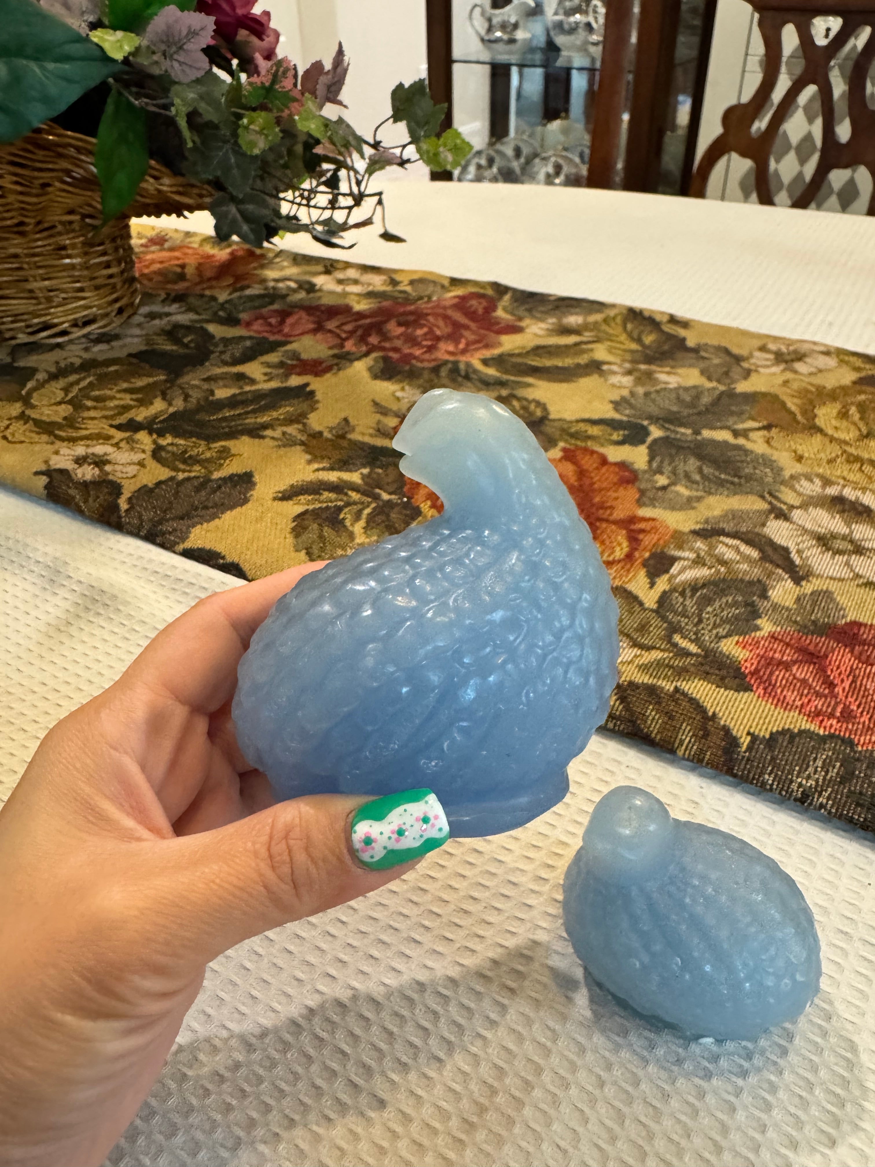 Vintage French blue opaline glass nesting quails figurines
