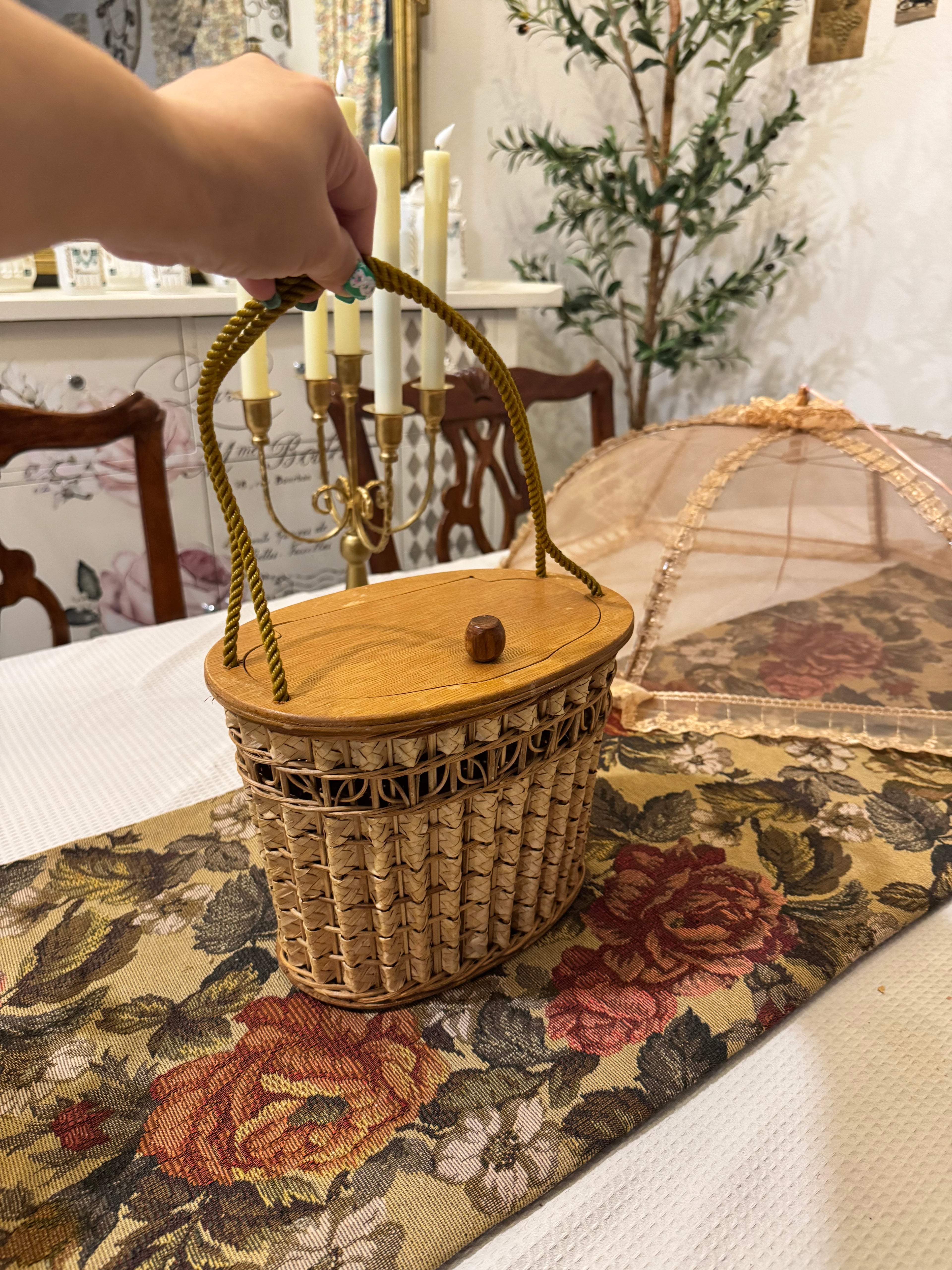 Vintage wooden and wicker sewing basket handbag