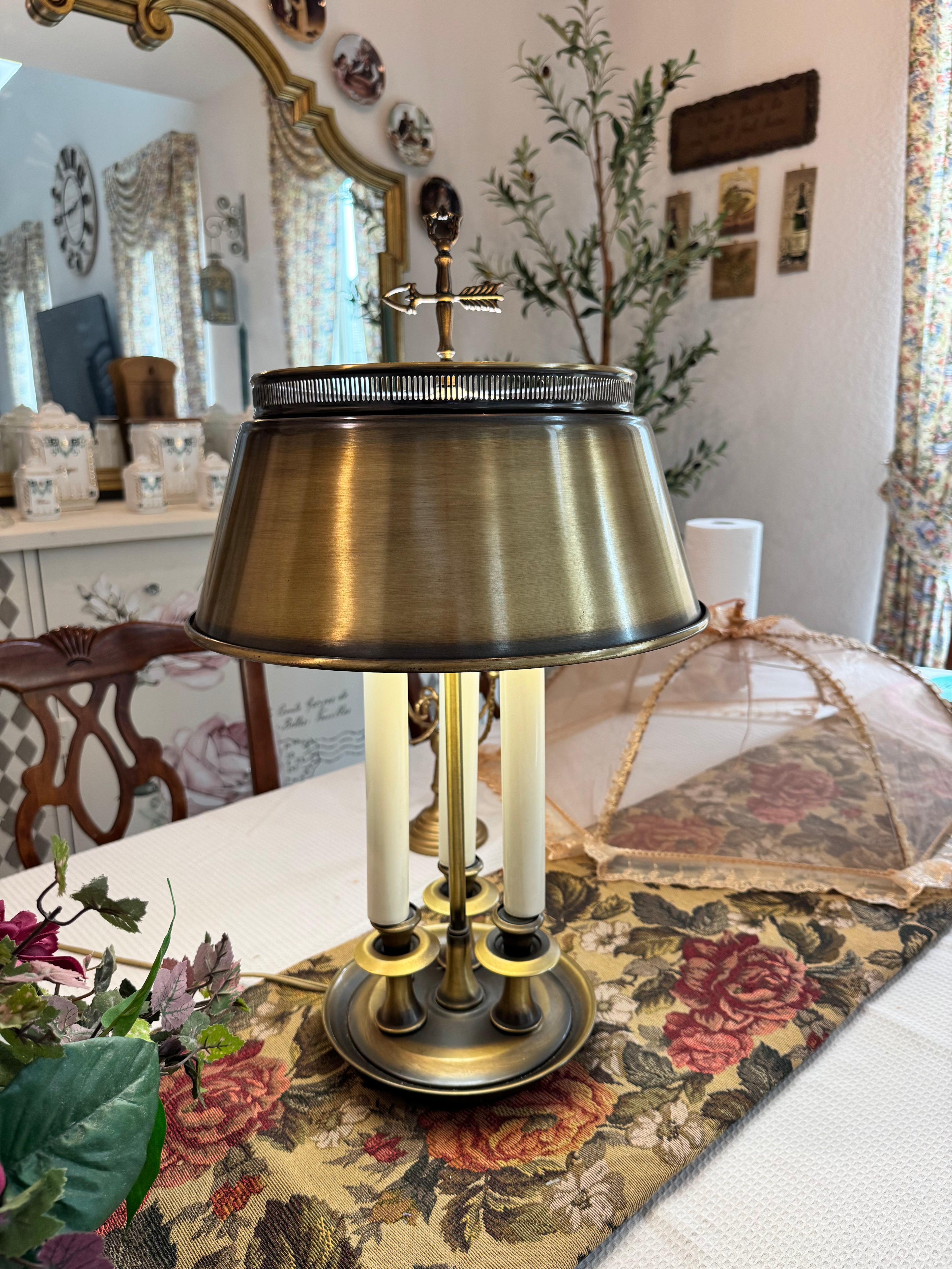 Brass shaded three candle Bouillotte lamp