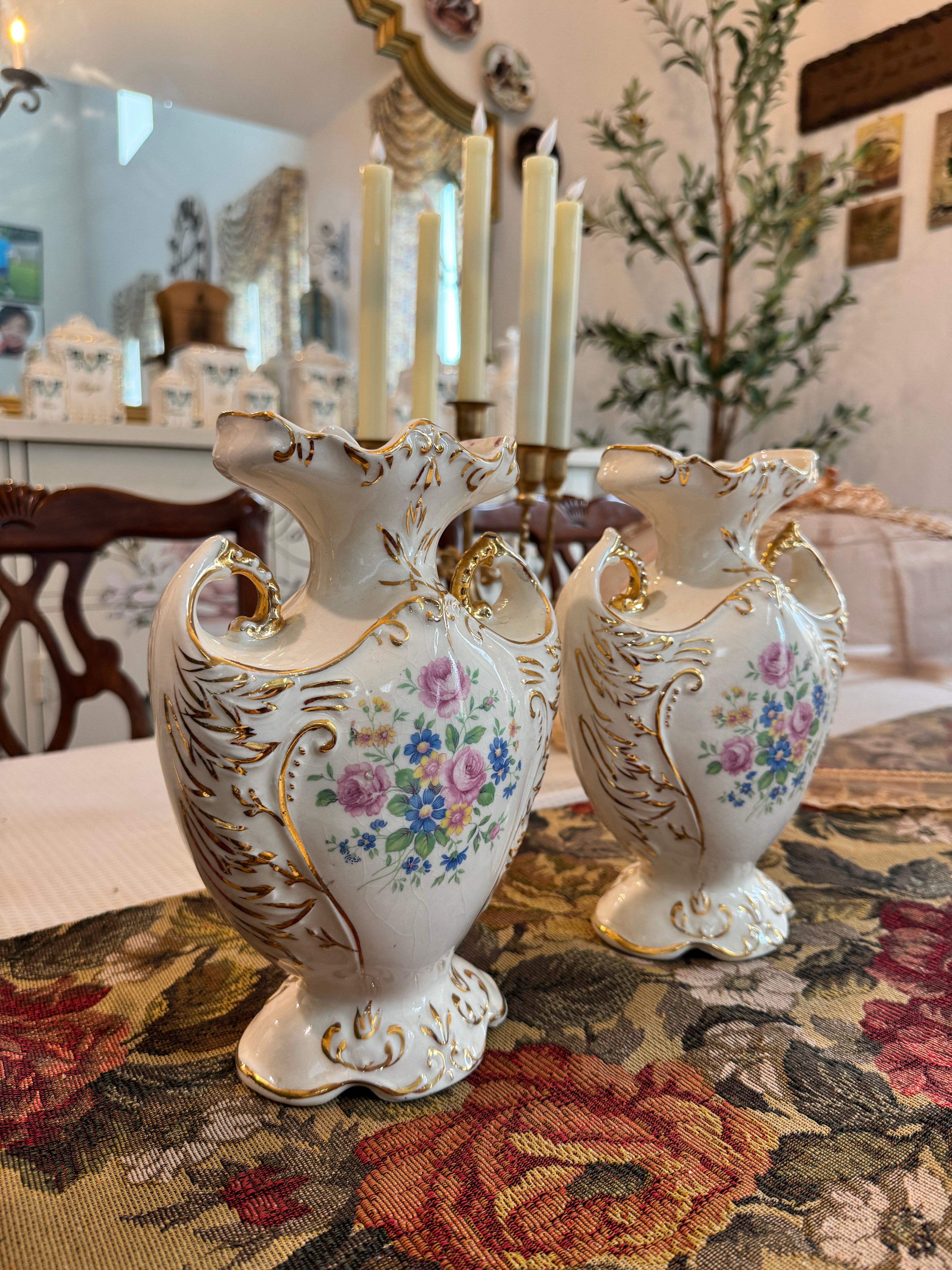 A pair of vintage hand painted porcelain vases by Paul's Gifts model #8407