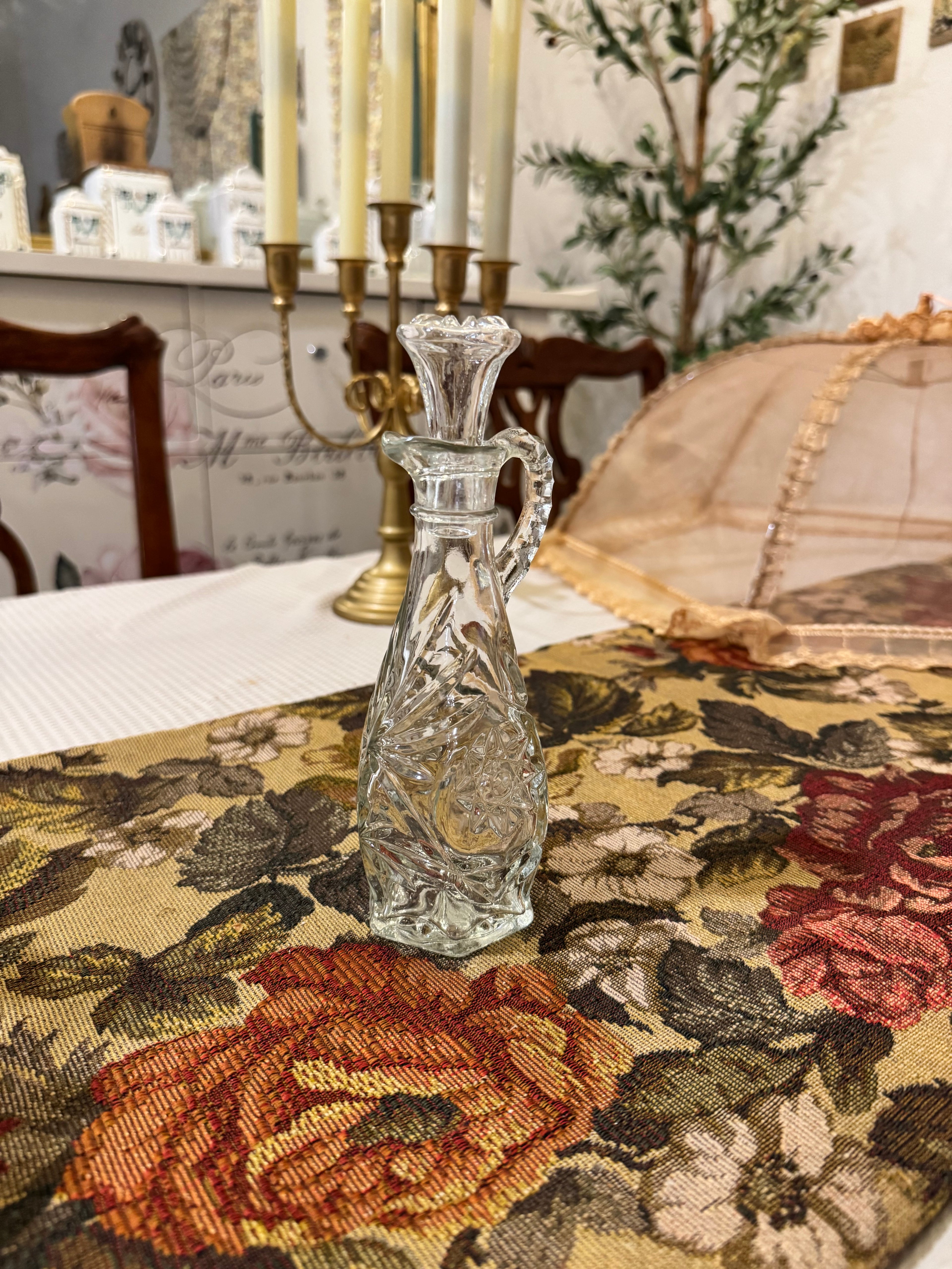 Vintage Anchor Hocking clear pressed glass cruet featuring the "Star of David"