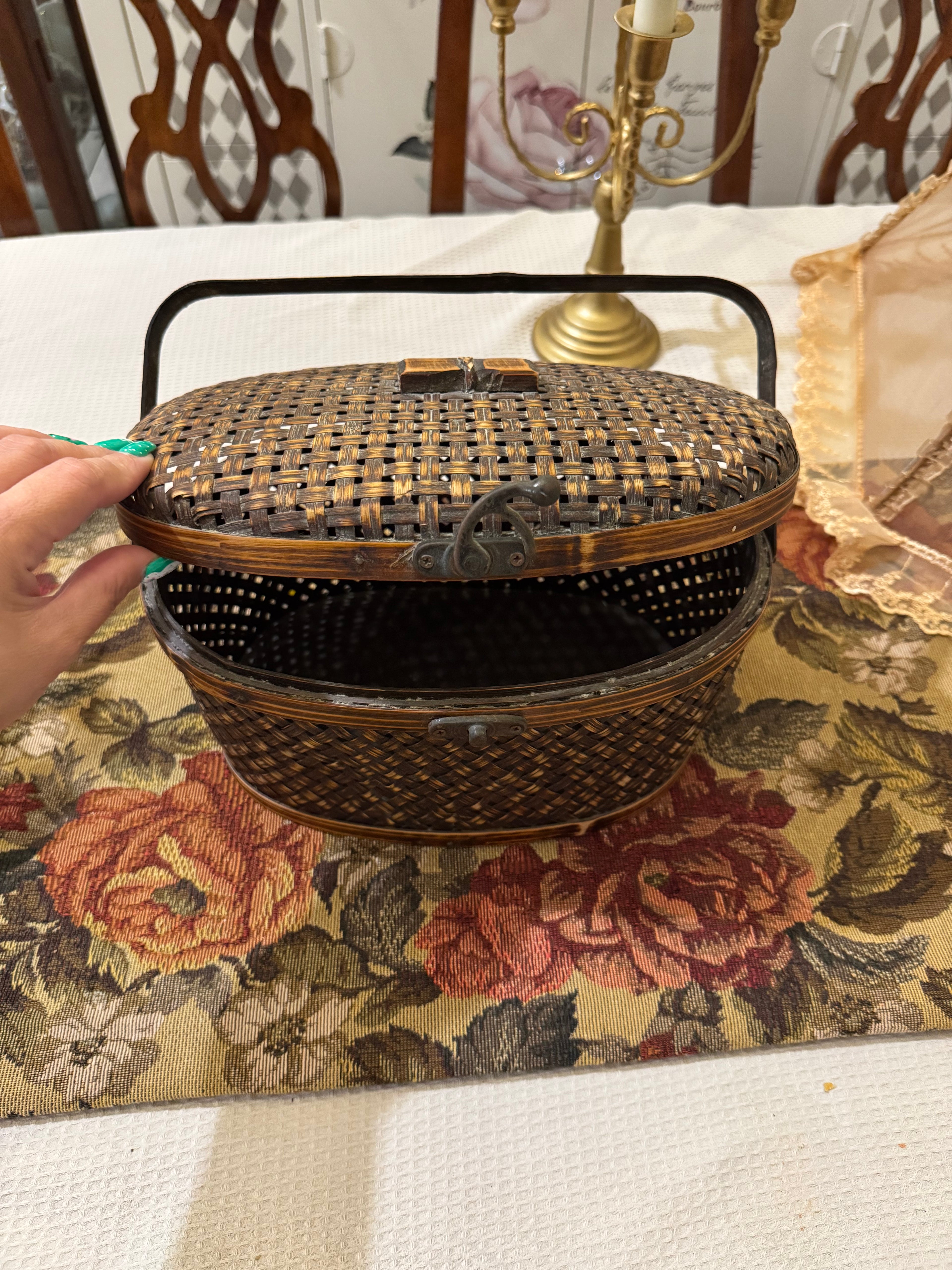 Vintage hand-woven bamboo wood storage basket