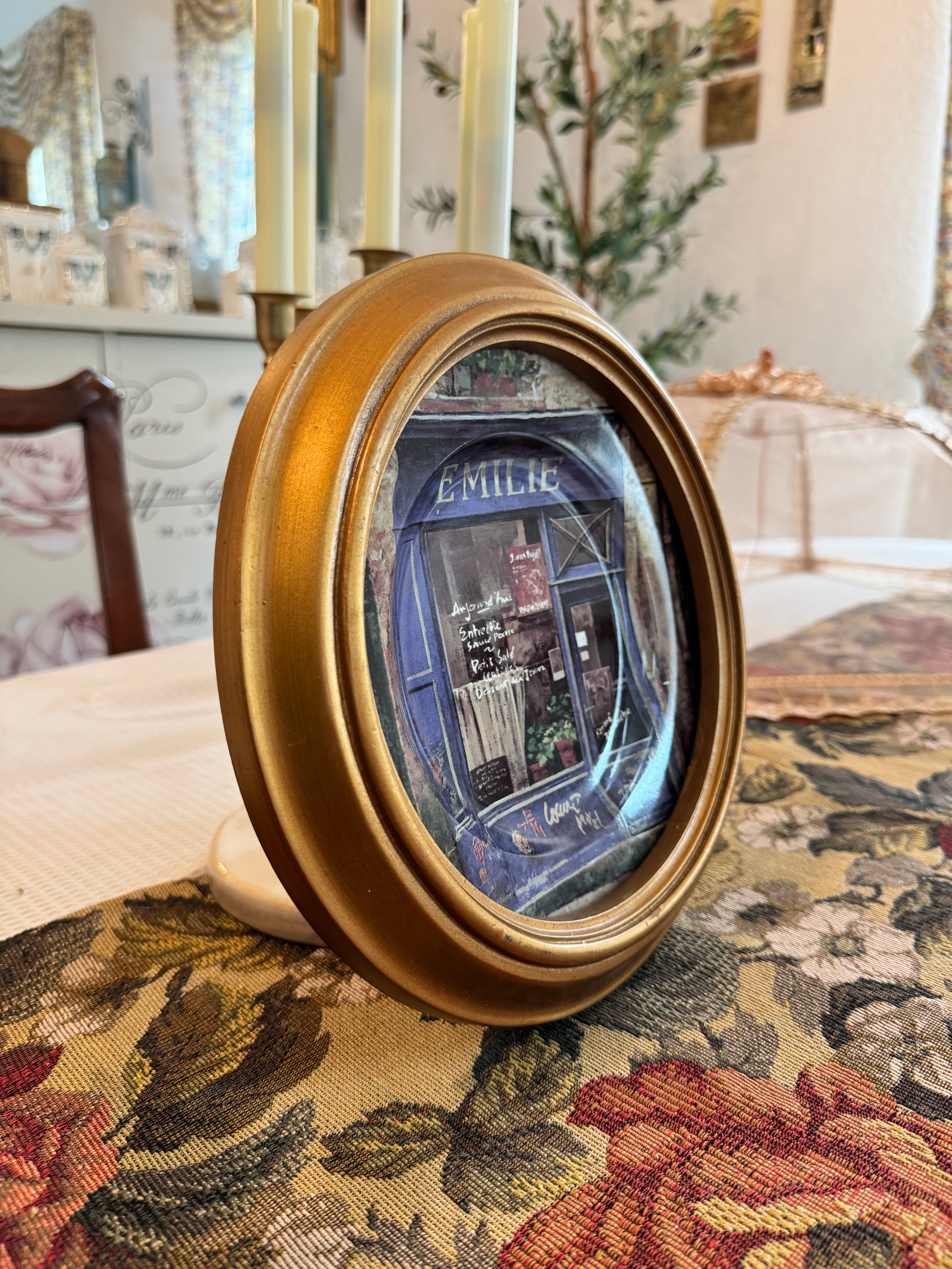 Vintage Sakura Storefronts "Emilie" 8-inch salad or dessert plate with gold round frame