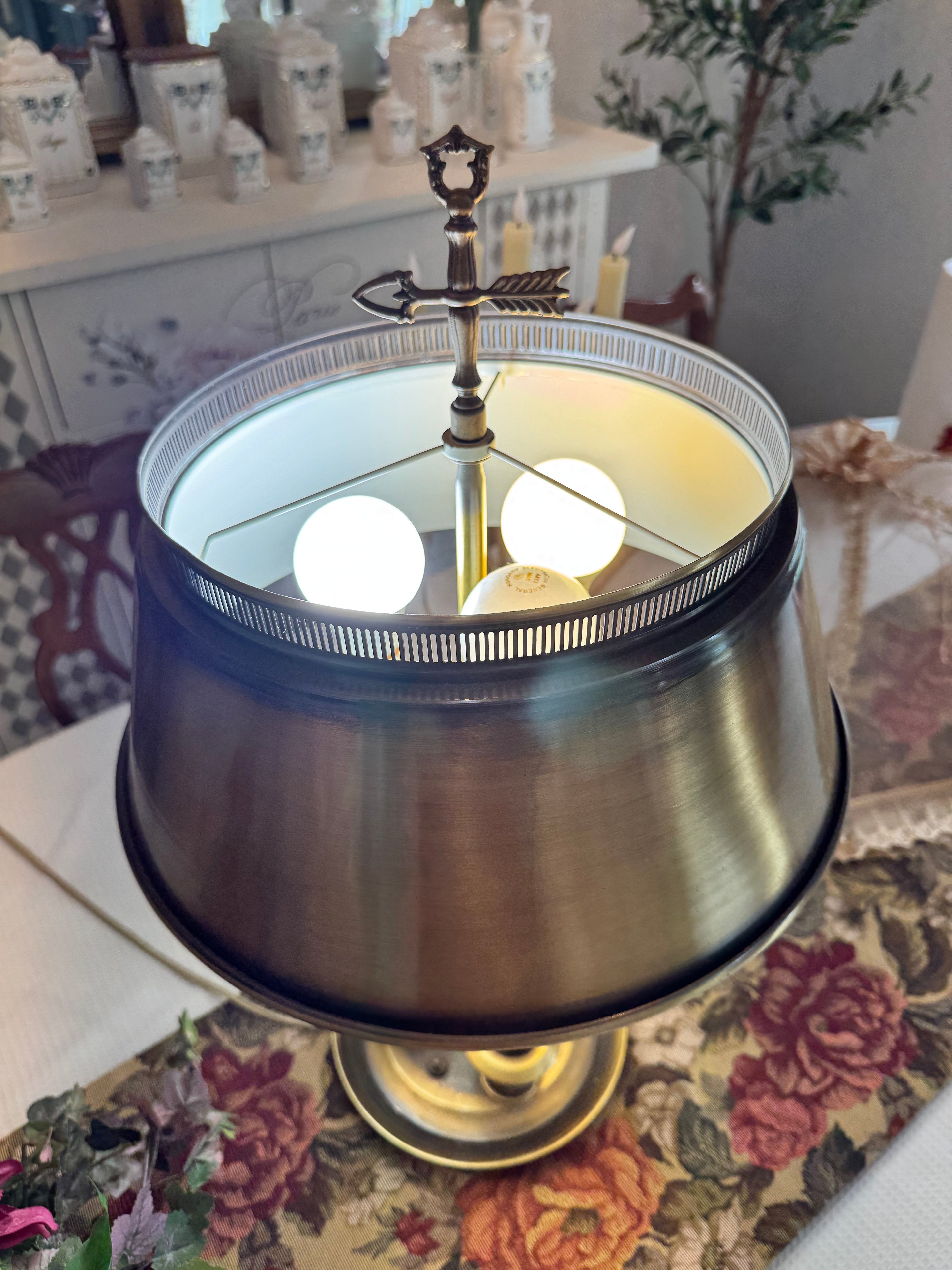 Brass shaded three candle Bouillotte lamp