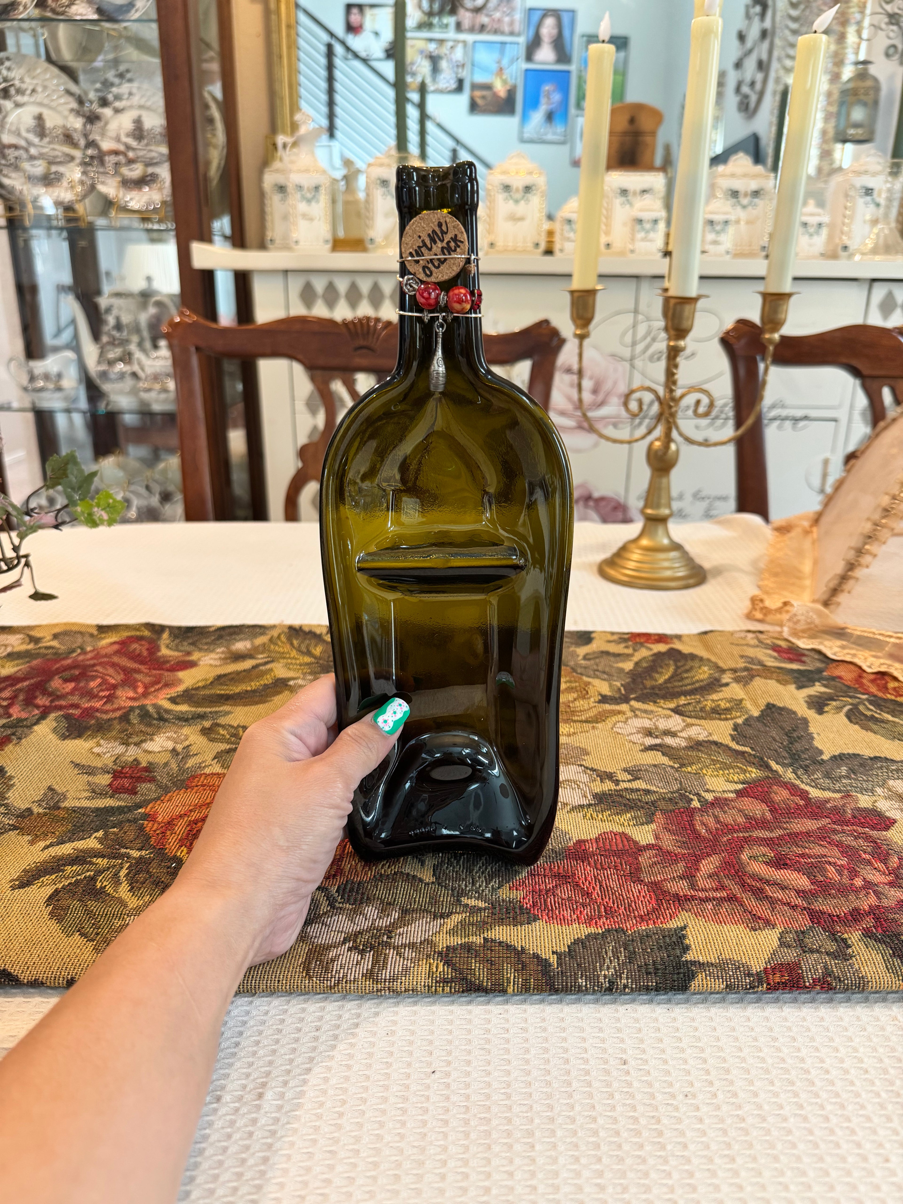 Decorative platter green wine bottle "Wine O'Clock" cheese or appetizer tray