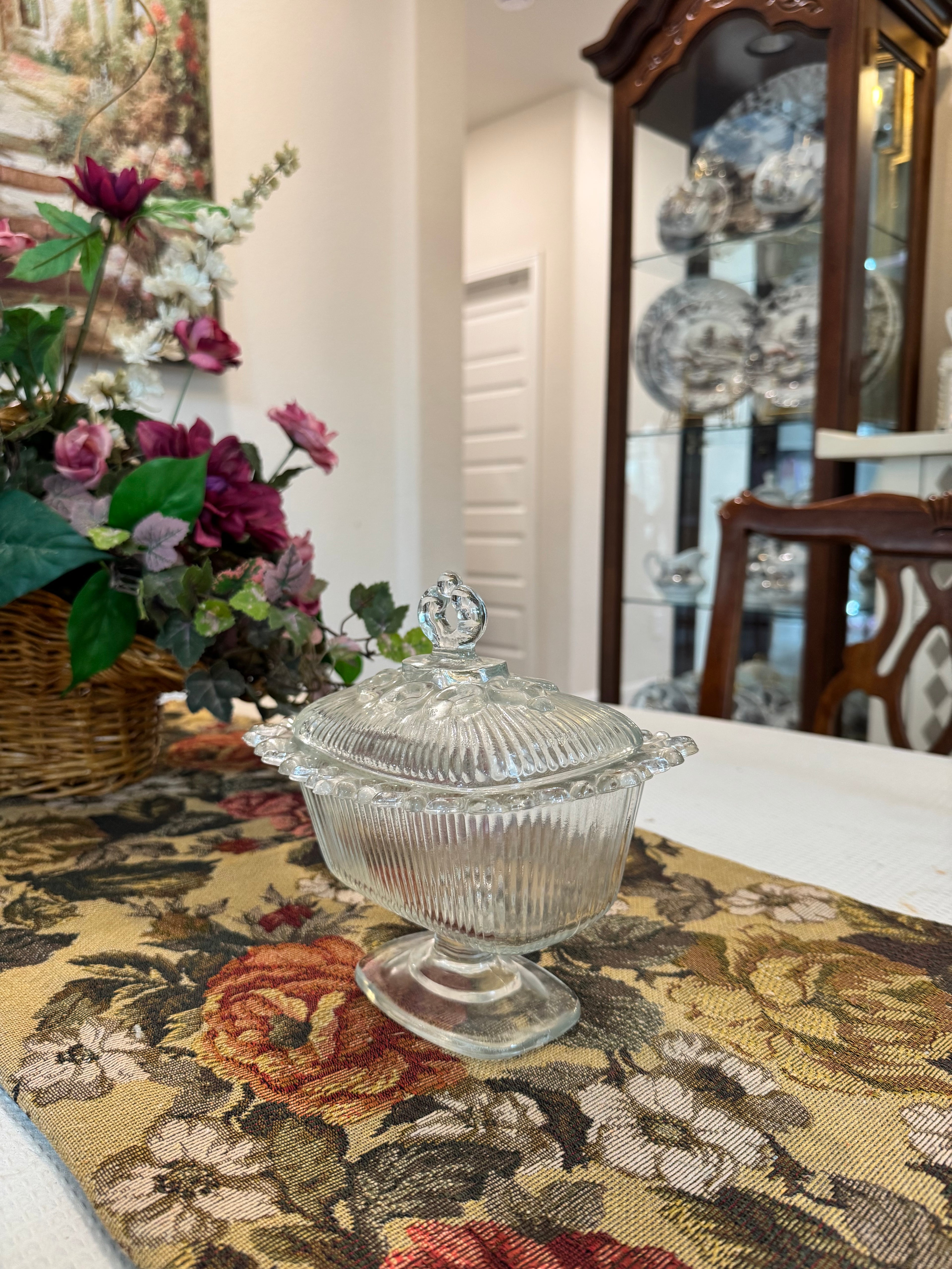 Vintage Indiana Glass company "Lace Edge" or "Open Lace" ribbed pedestal candy dish with a lid
