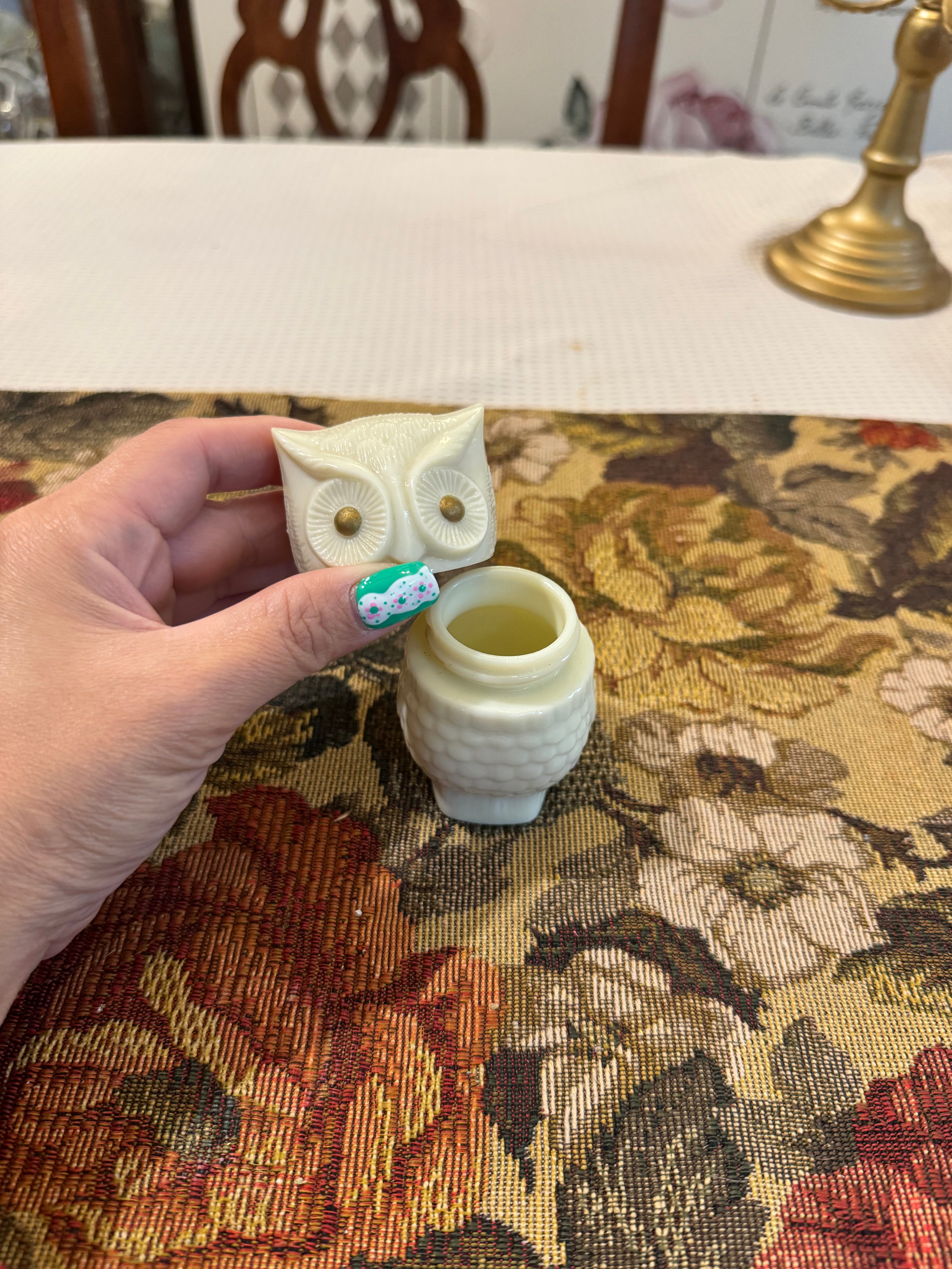 Vintage Avon owl cream sachet milk glass bottle