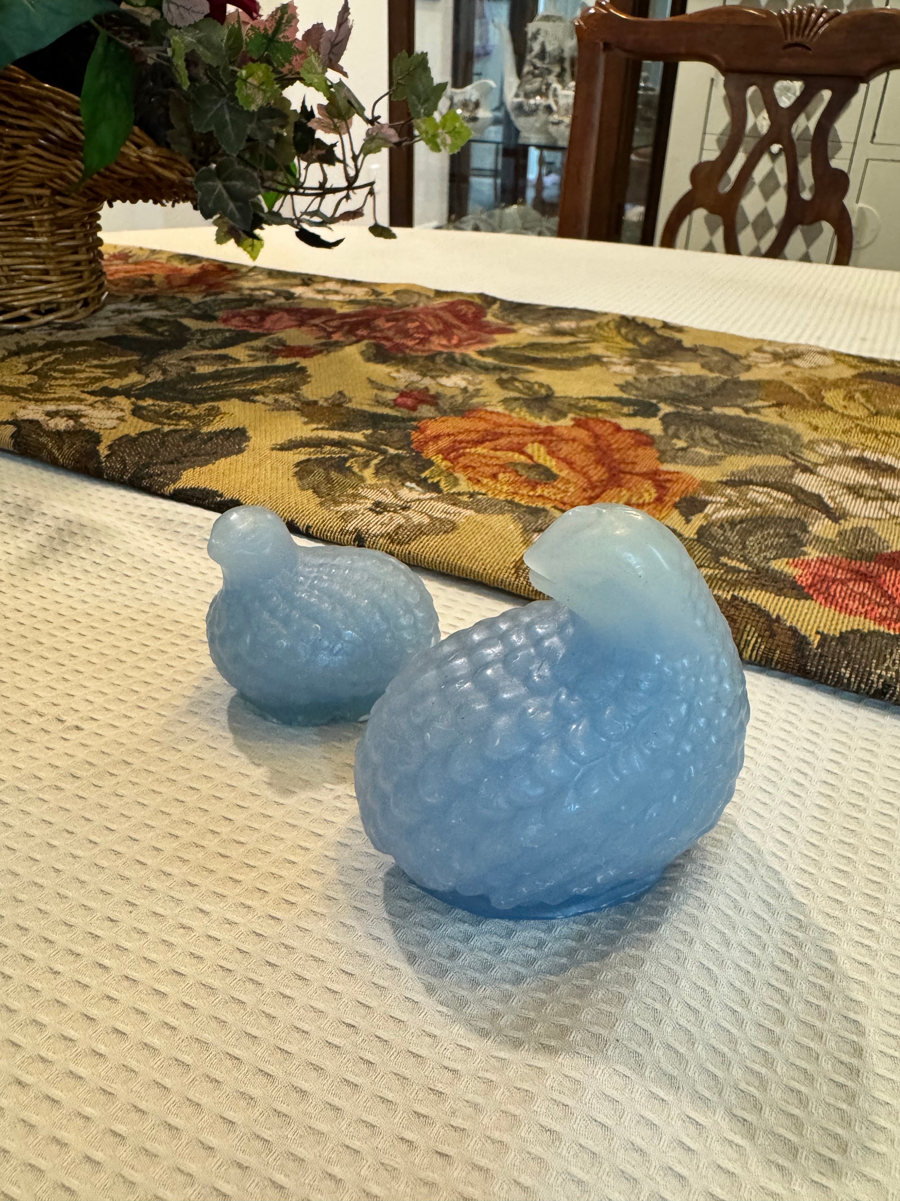 Vintage French blue opaline glass nesting quails figurines
