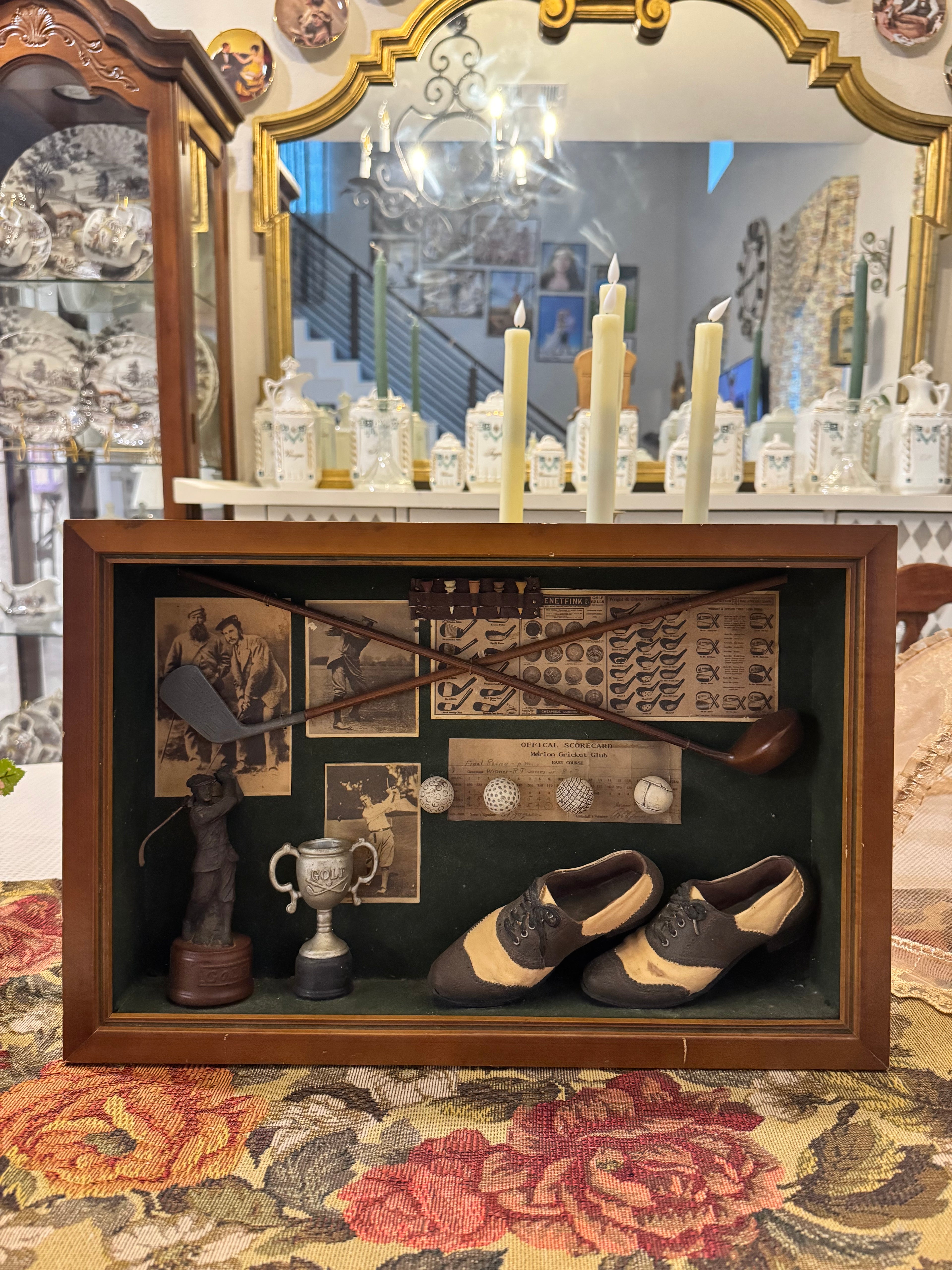 Vintage golf memorabilia shadow box display