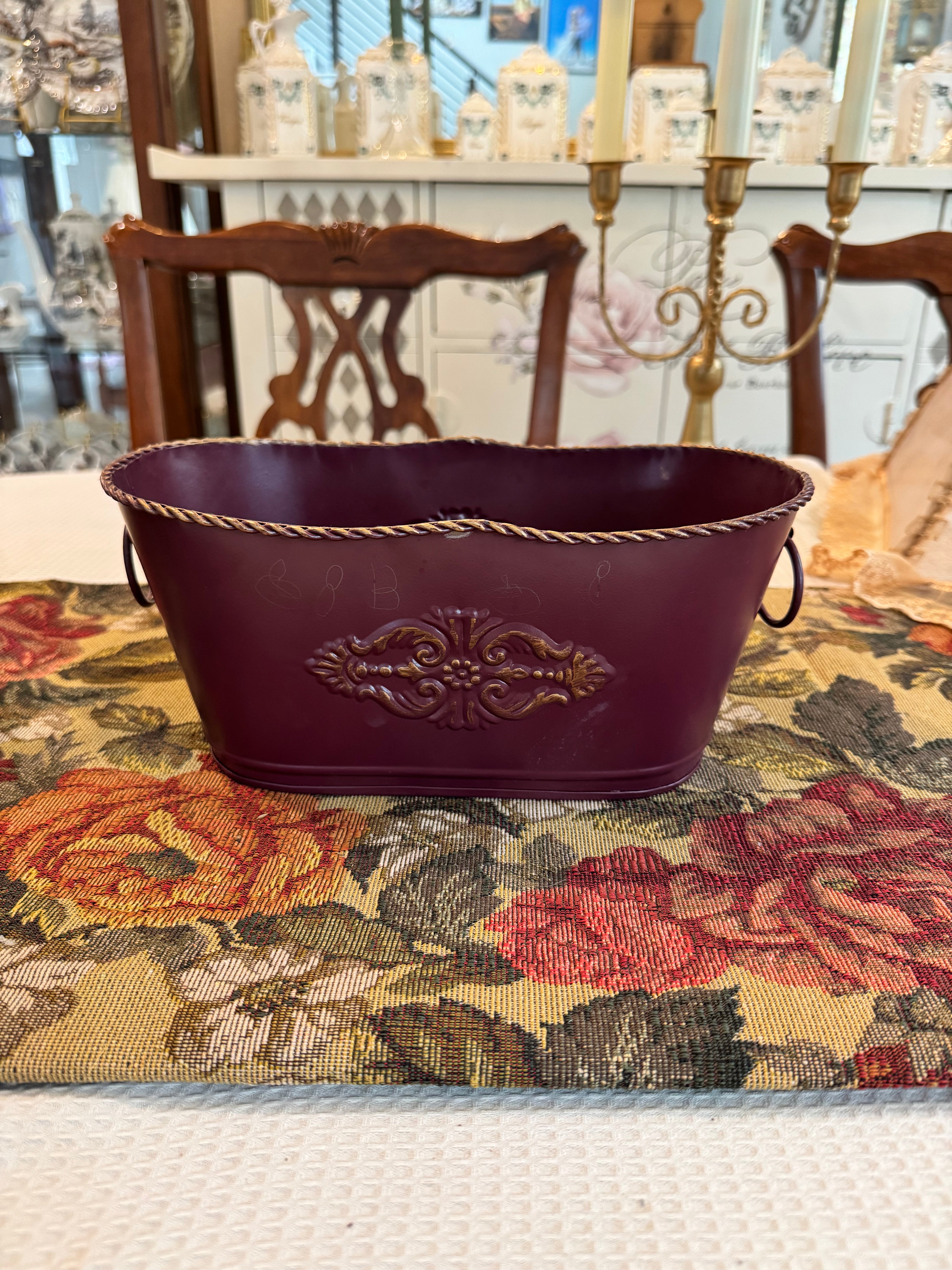 Vintage style decorative maroon metal bowl or planter
