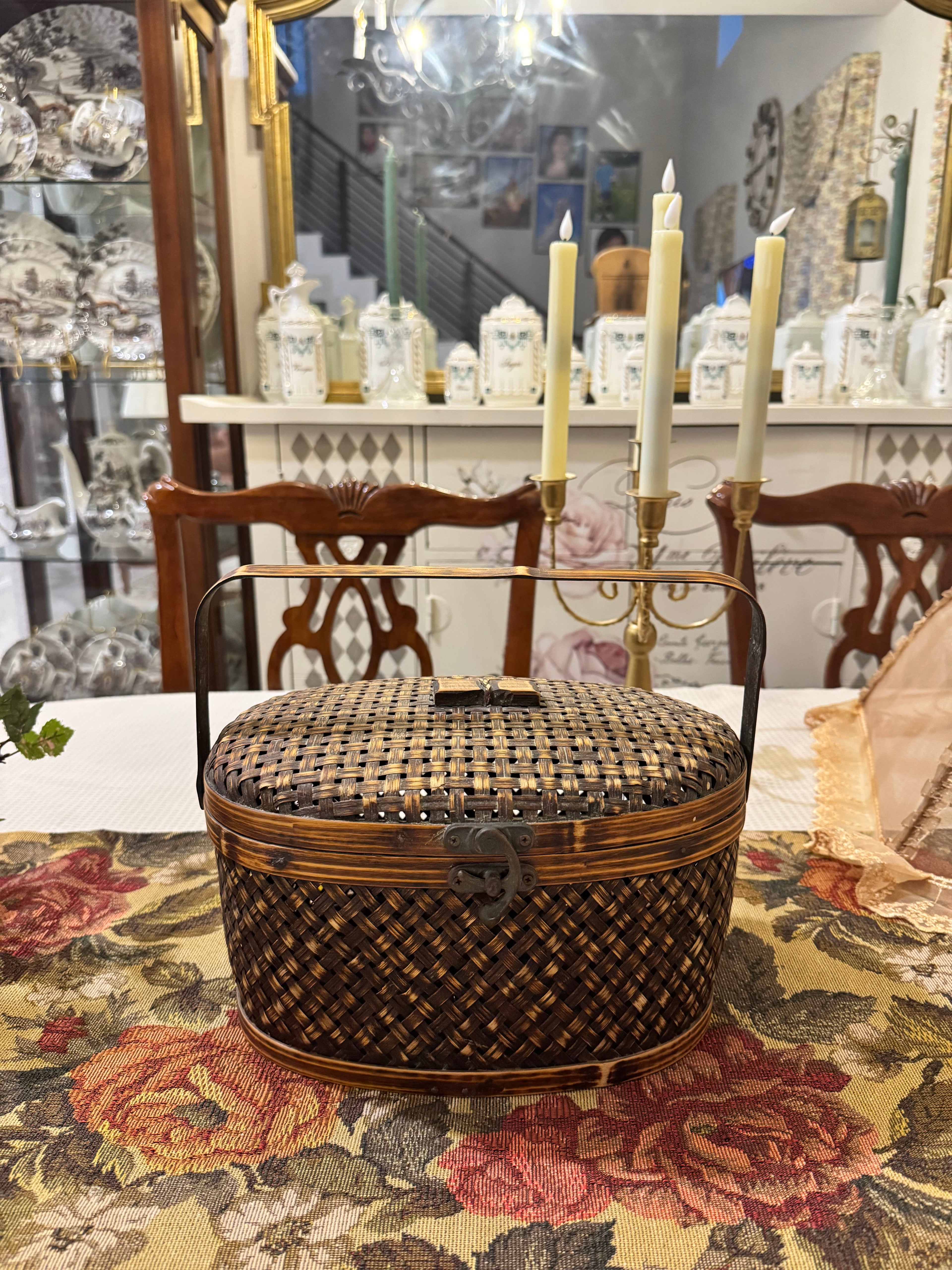 Vintage hand-woven bamboo wood storage basket