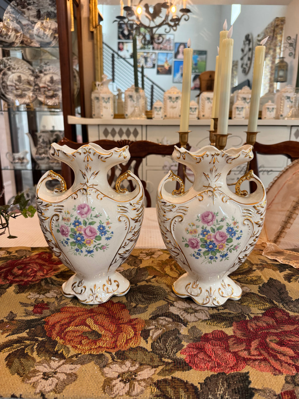 A pair of vintage hand painted porcelain vases by Paul's Gifts model #8407