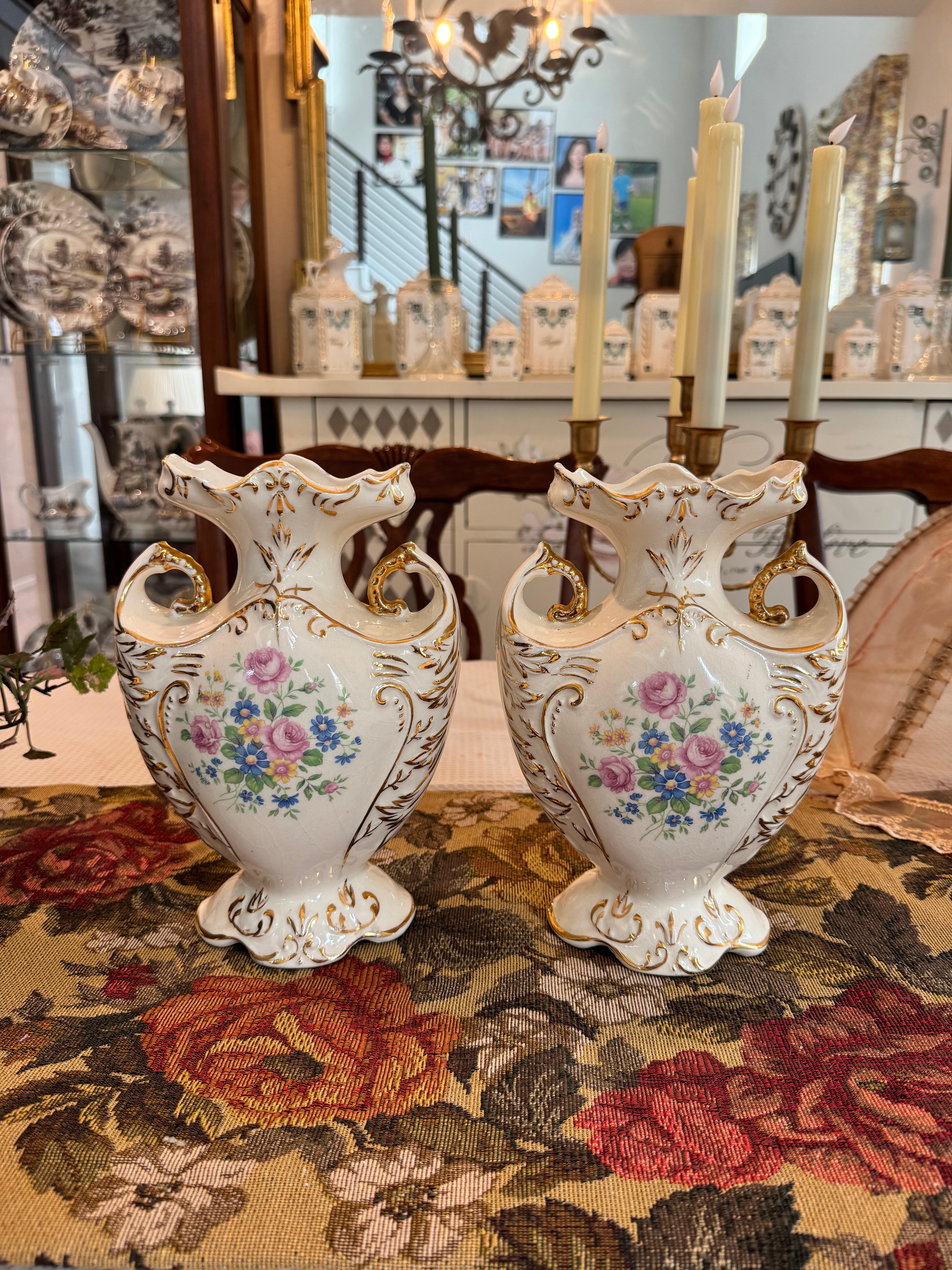 A pair of vintage hand painted porcelain vases by Paul's Gifts model #8407