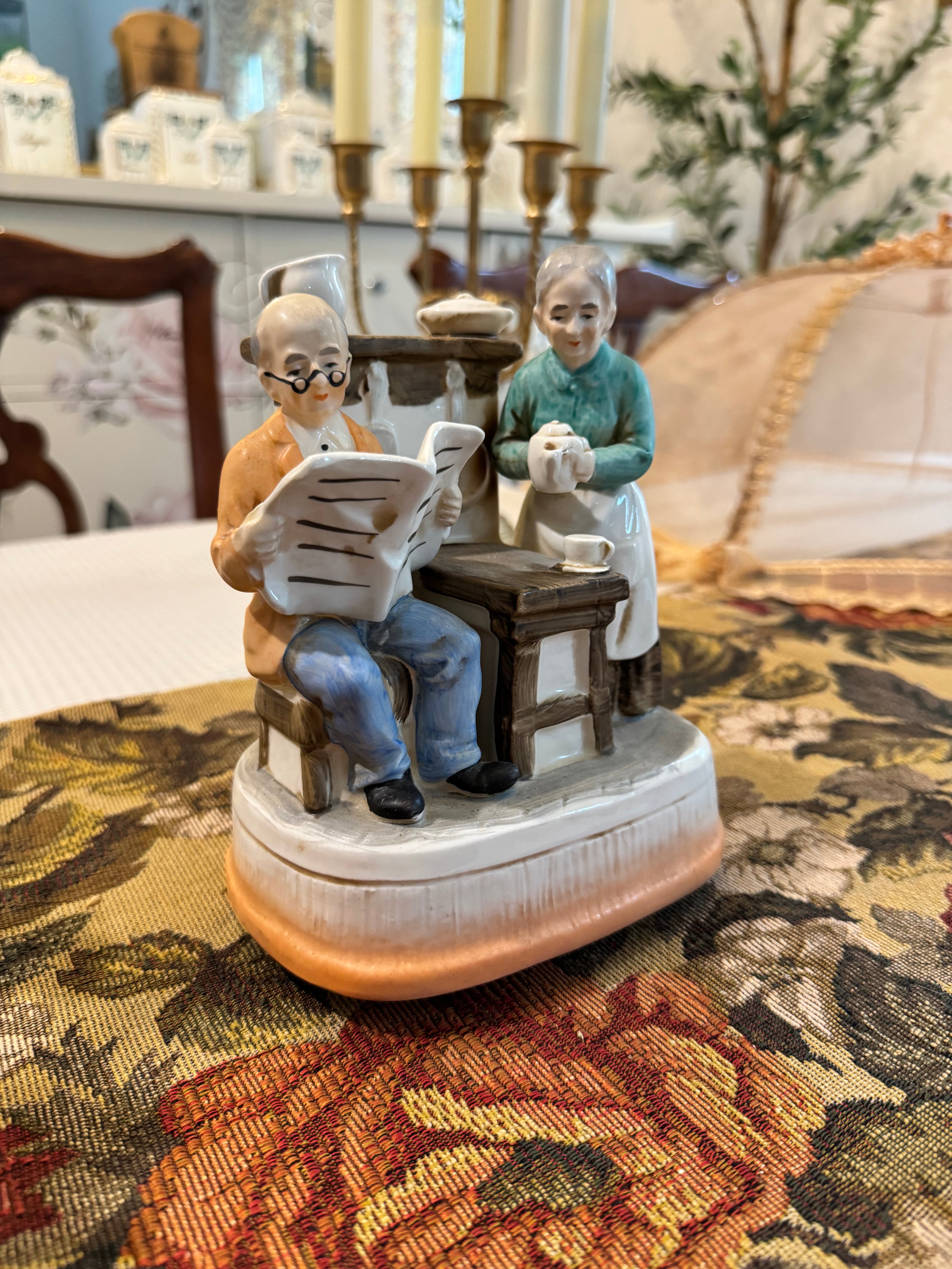 Vintage Sankyo Japan "Home Sweet Home" grandmother and grandfather rotating music box figurine