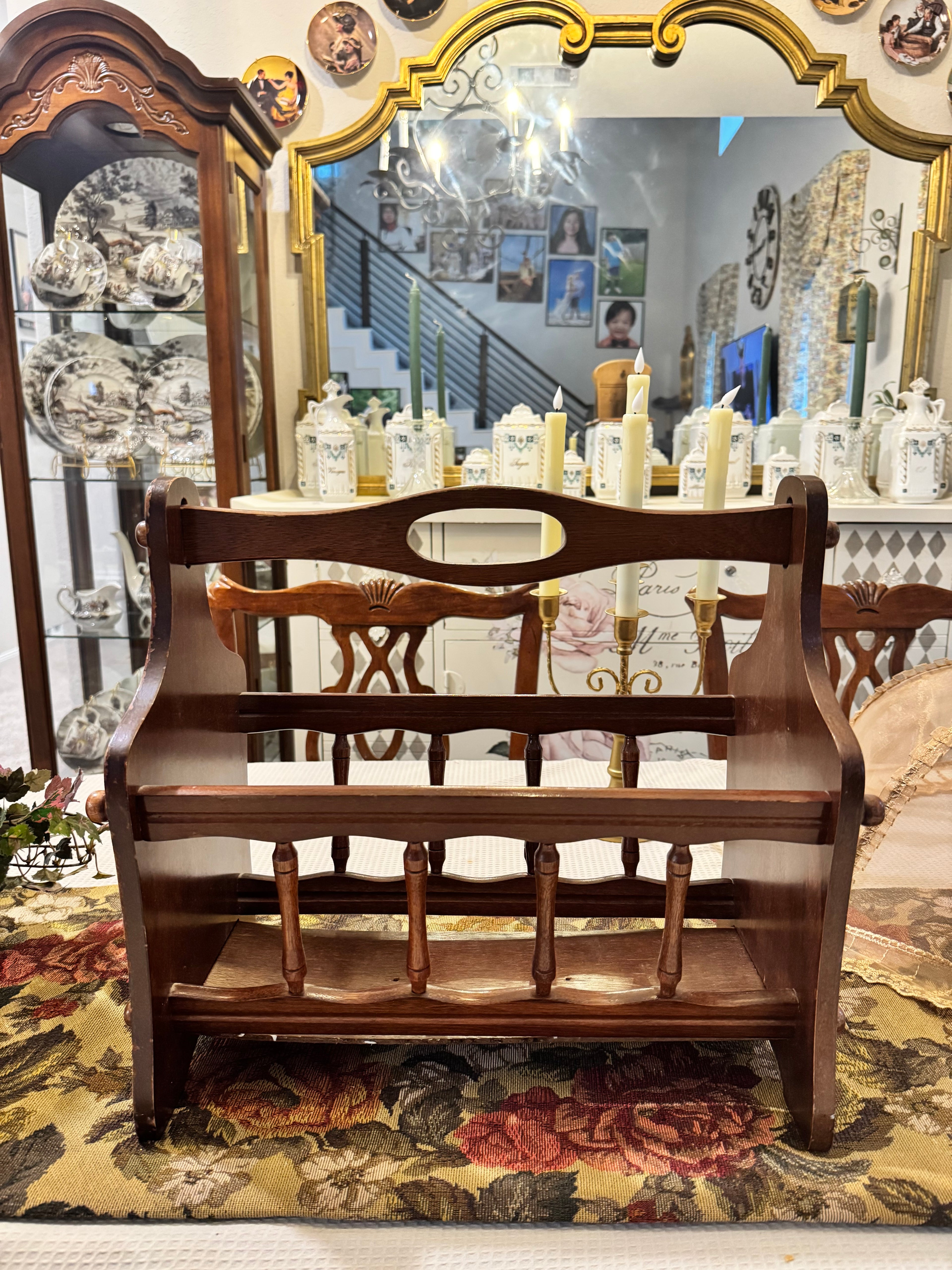 Vintage mahogany spindle-design magazine rack