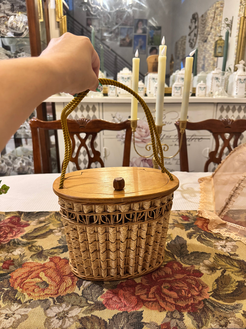 Vintage wooden and wicker sewing basket handbag