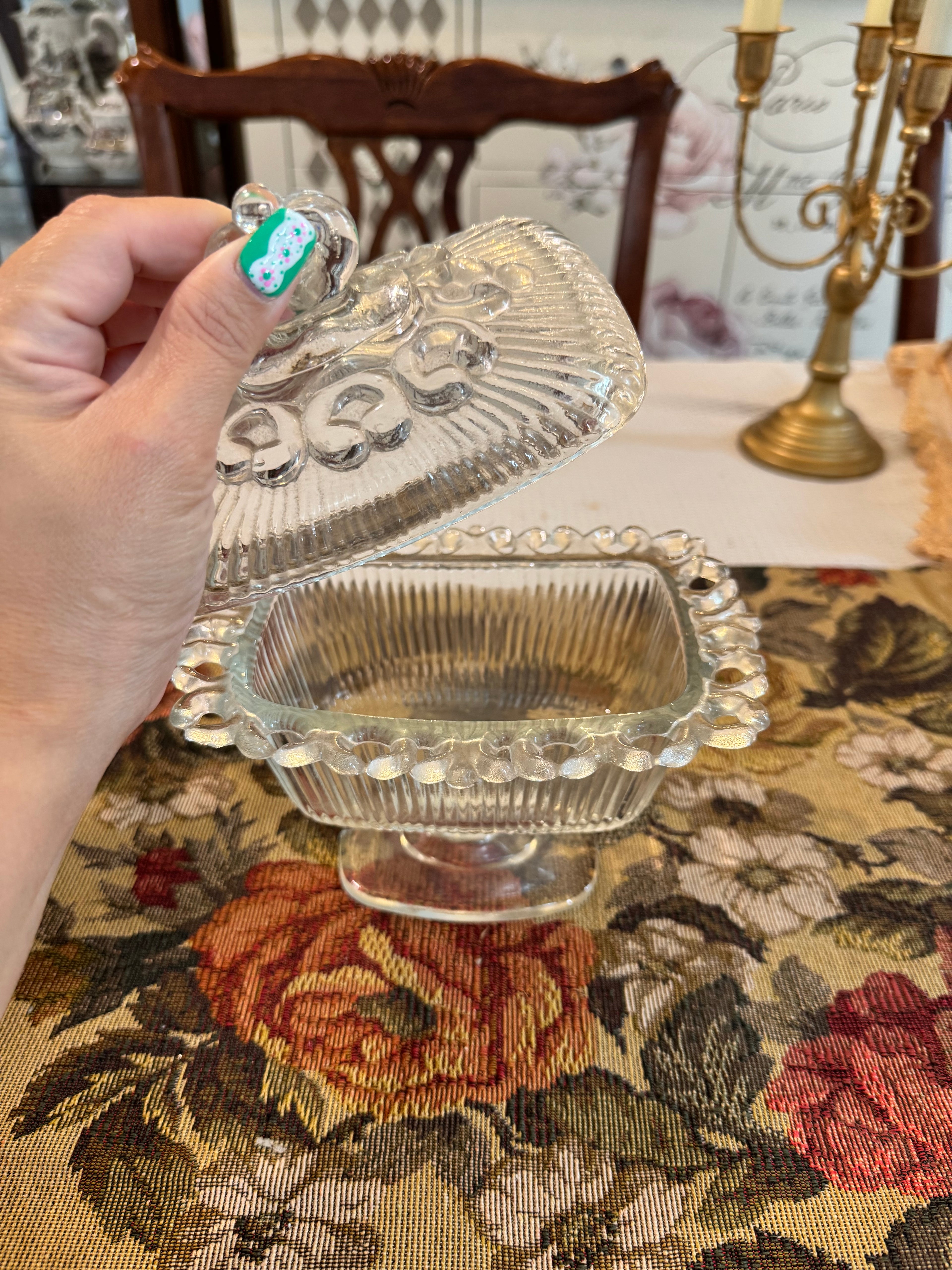 Vintage Indiana Glass company "Lace Edge" or "Open Lace" ribbed pedestal candy dish with a lid