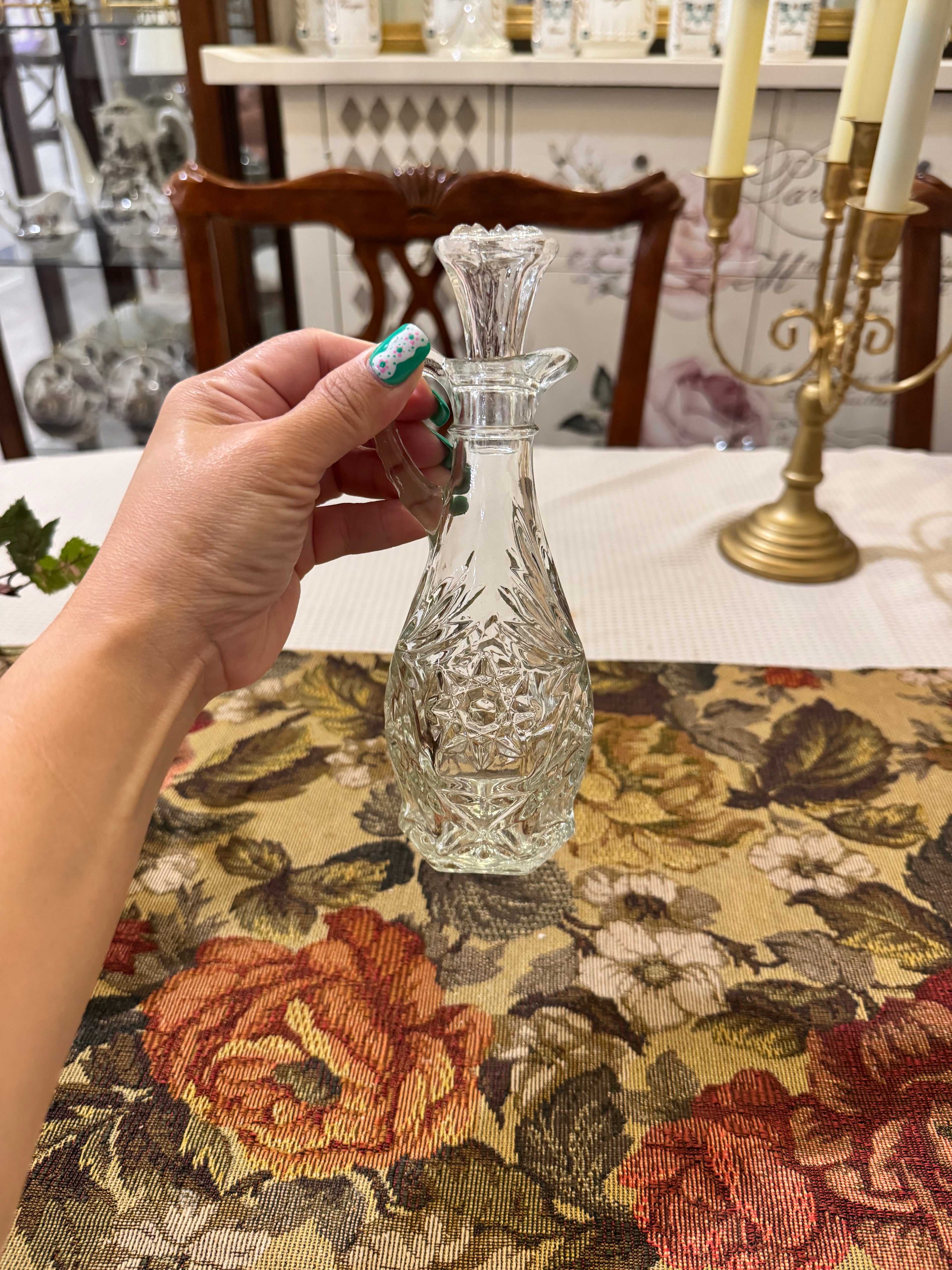 Vintage Anchor Hocking clear pressed glass cruet featuring the "Star of David"