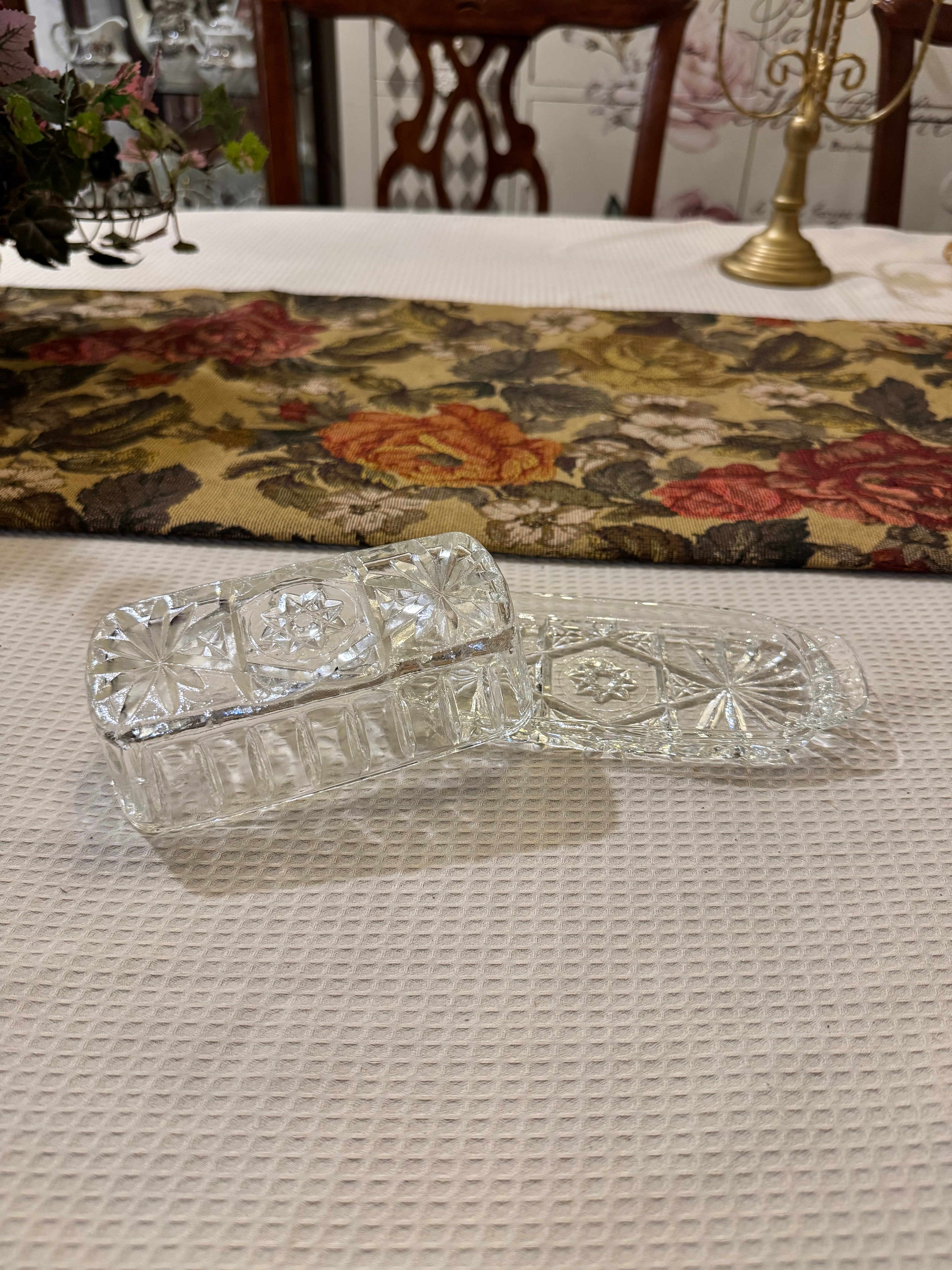 Clear glass butter dish featuring the "Star of David"