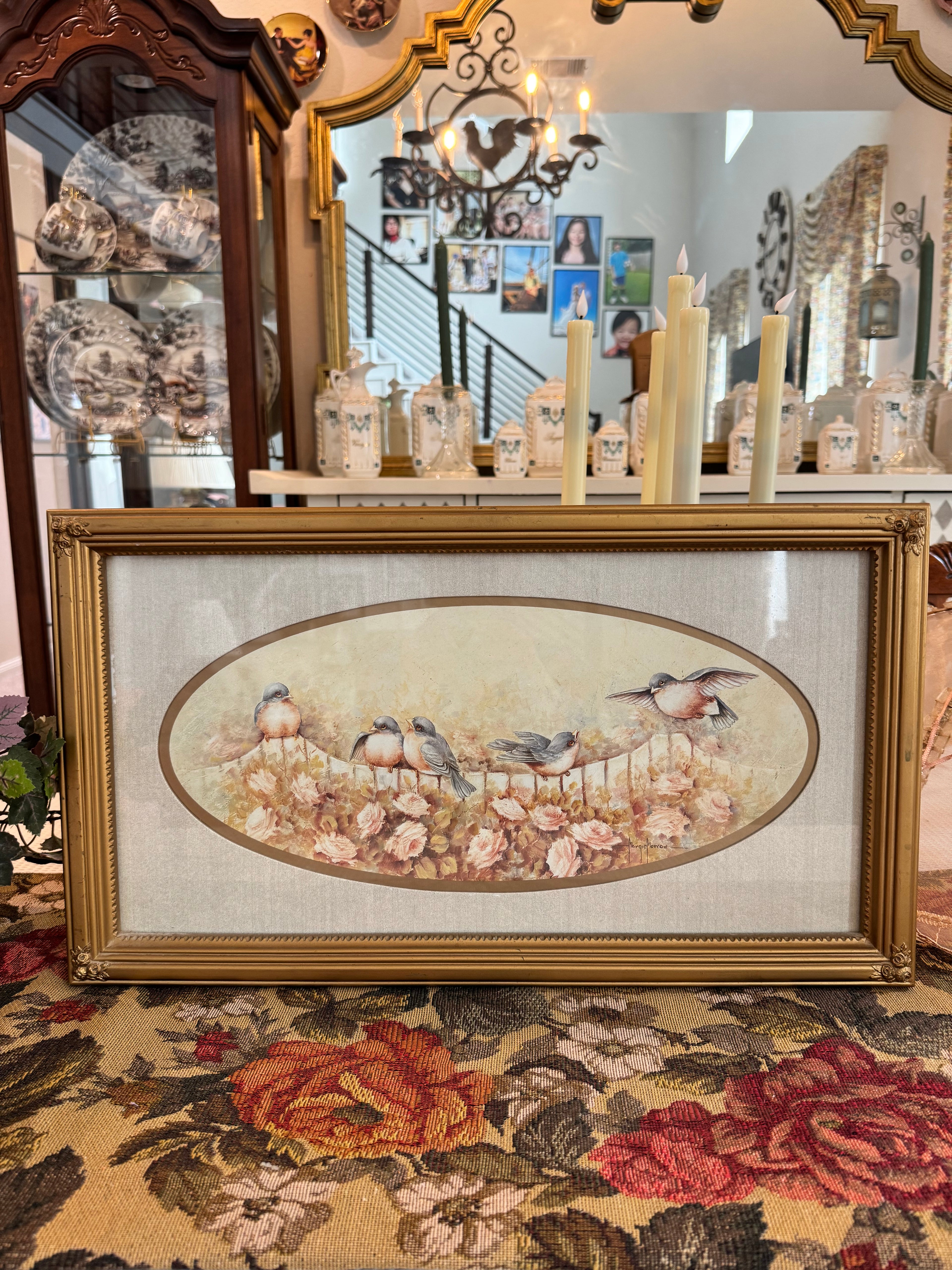 Vintage artwork “Birds in Flower Garden” with a pair of oval frames lithograph by artist Margie Morrow