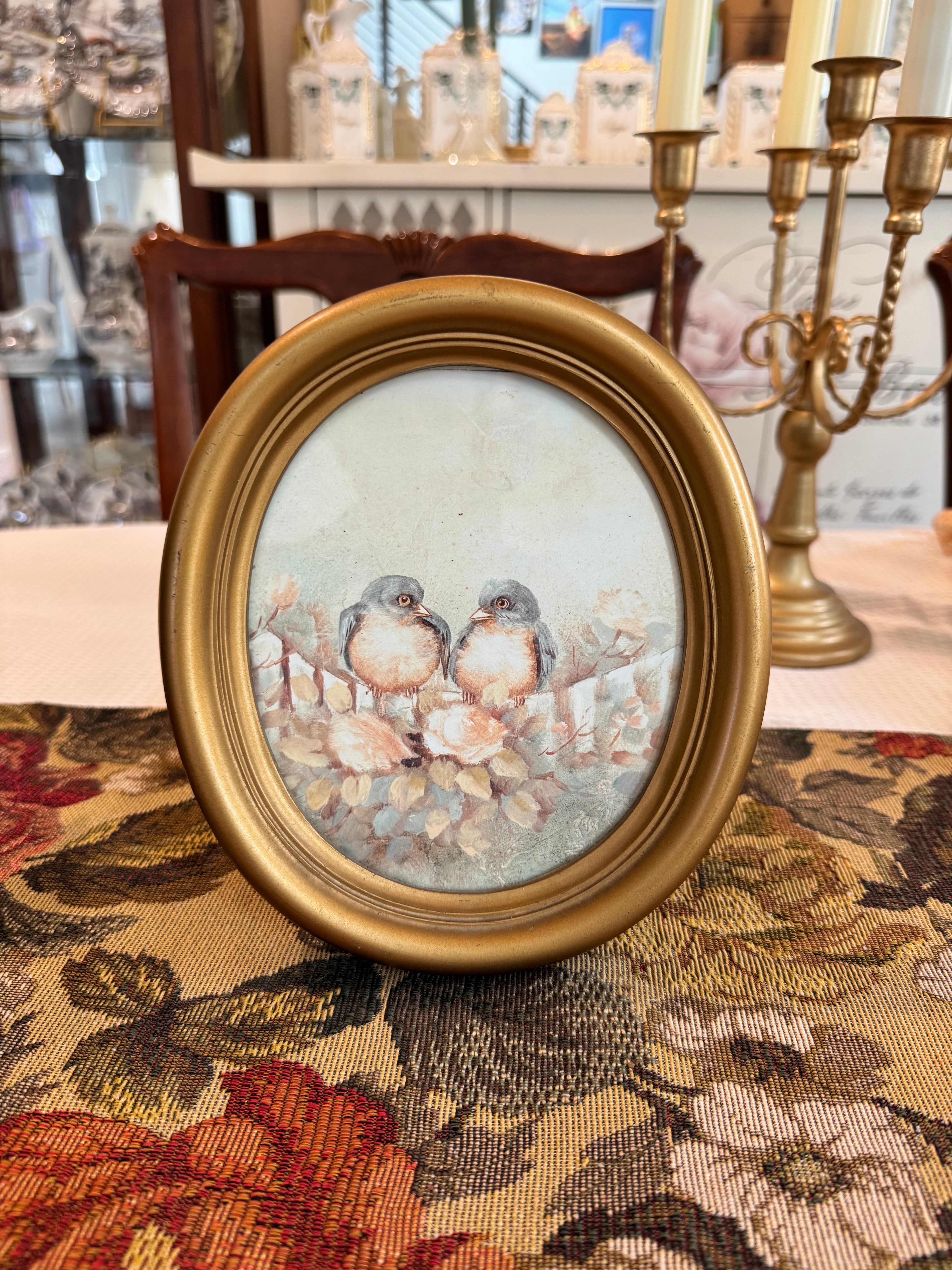 Vintage artwork “Birds in Flower Garden” with a pair of oval frames lithograph by artist Margie Morrow