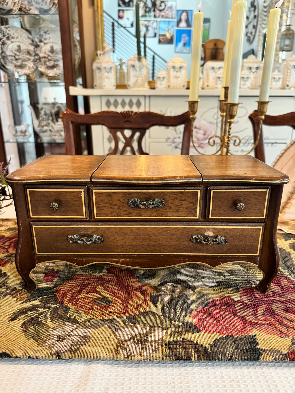 Vintage wooden musical jewelry box, handcrafted in Japan.