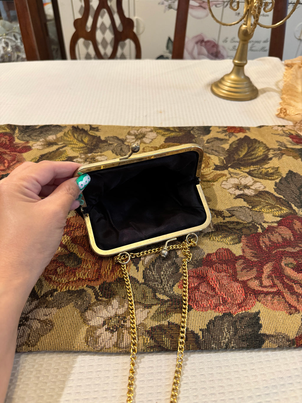 Vintage black velvet clutch with gold chain strap