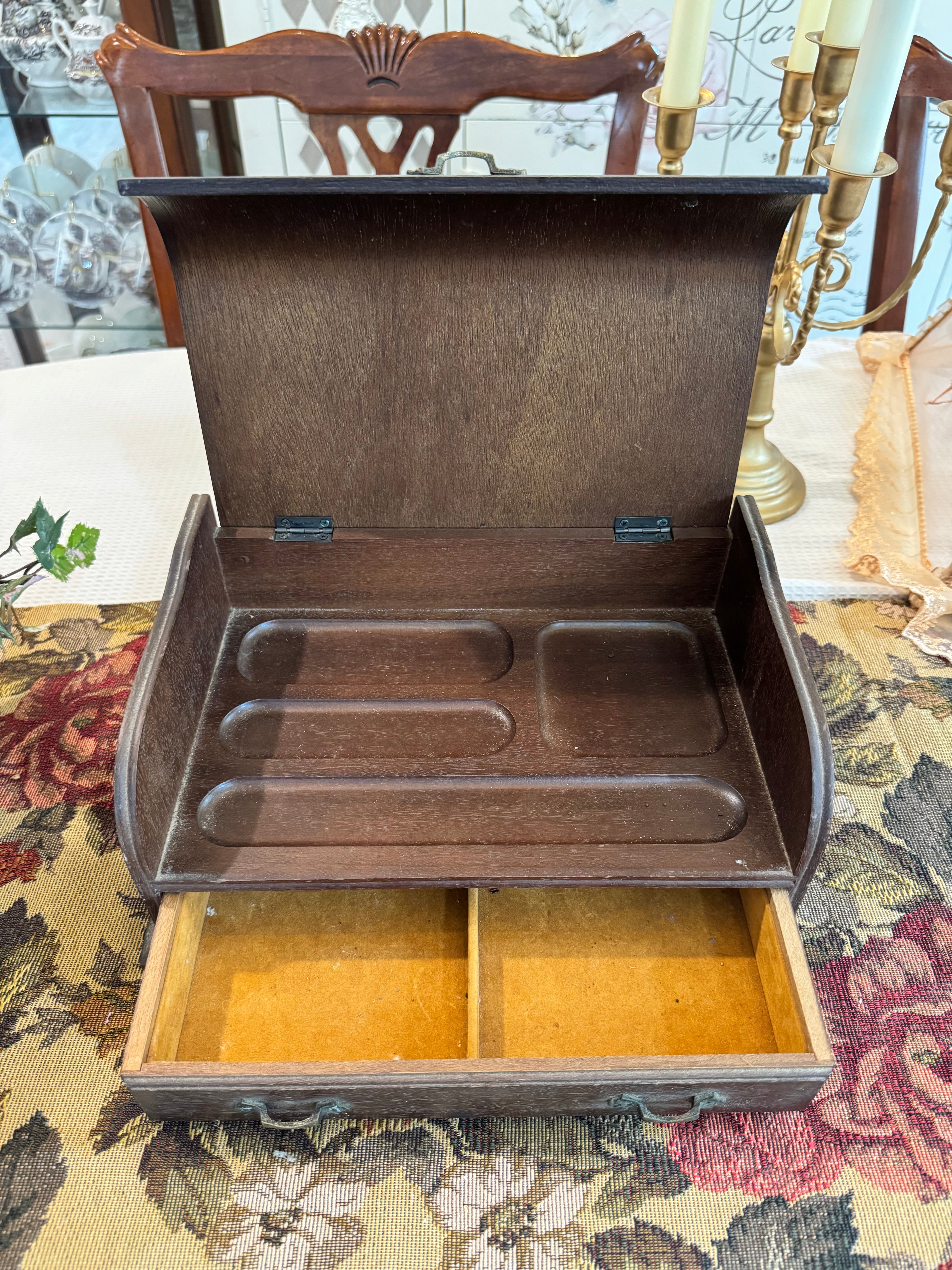 Antique wooden desk organizer, a Victorian-era English tambour front stationery.
