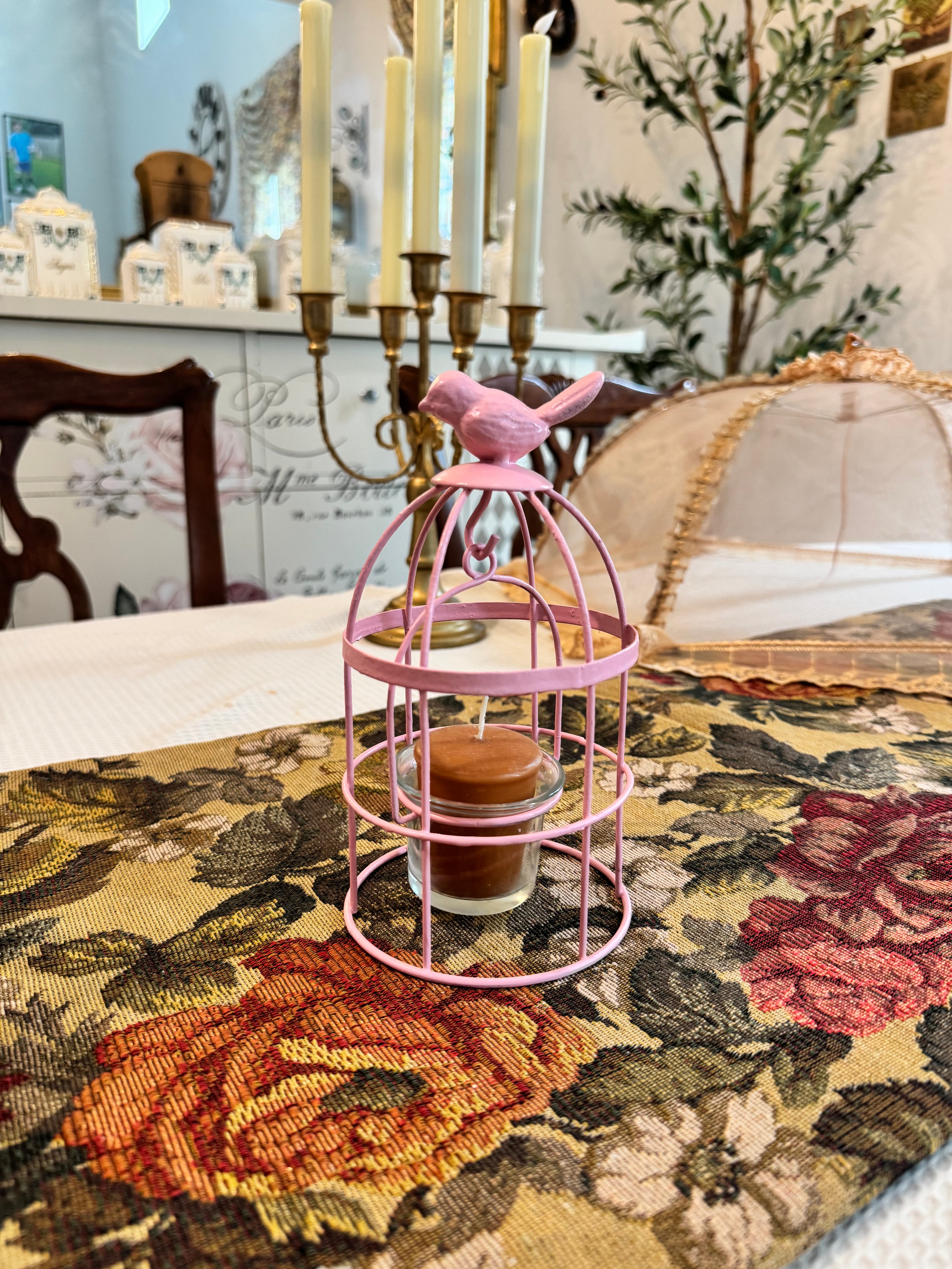 Decorative pink metal bird cage candle holder