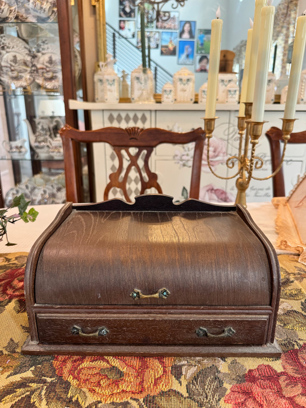 Antique wooden desk organizer, a Victorian-era English tambour front stationery.