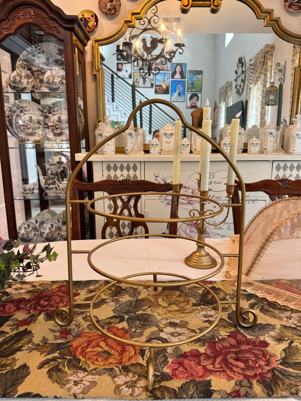Vintage gold 3-tier metal plate rack for 8” dinner or salad plates