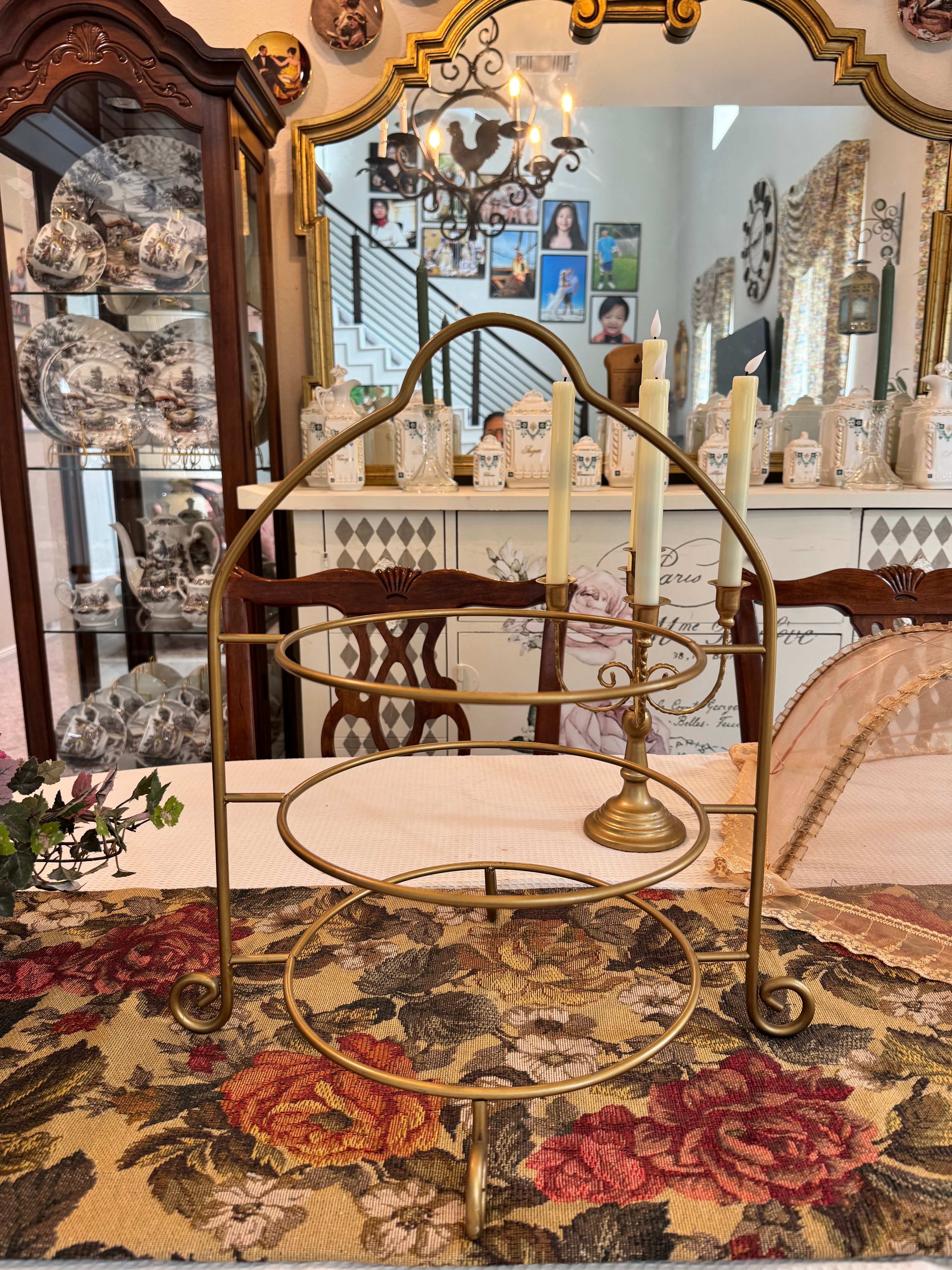 Vintage gold 3-tier metal plate rack for 8” dinner or salad plates