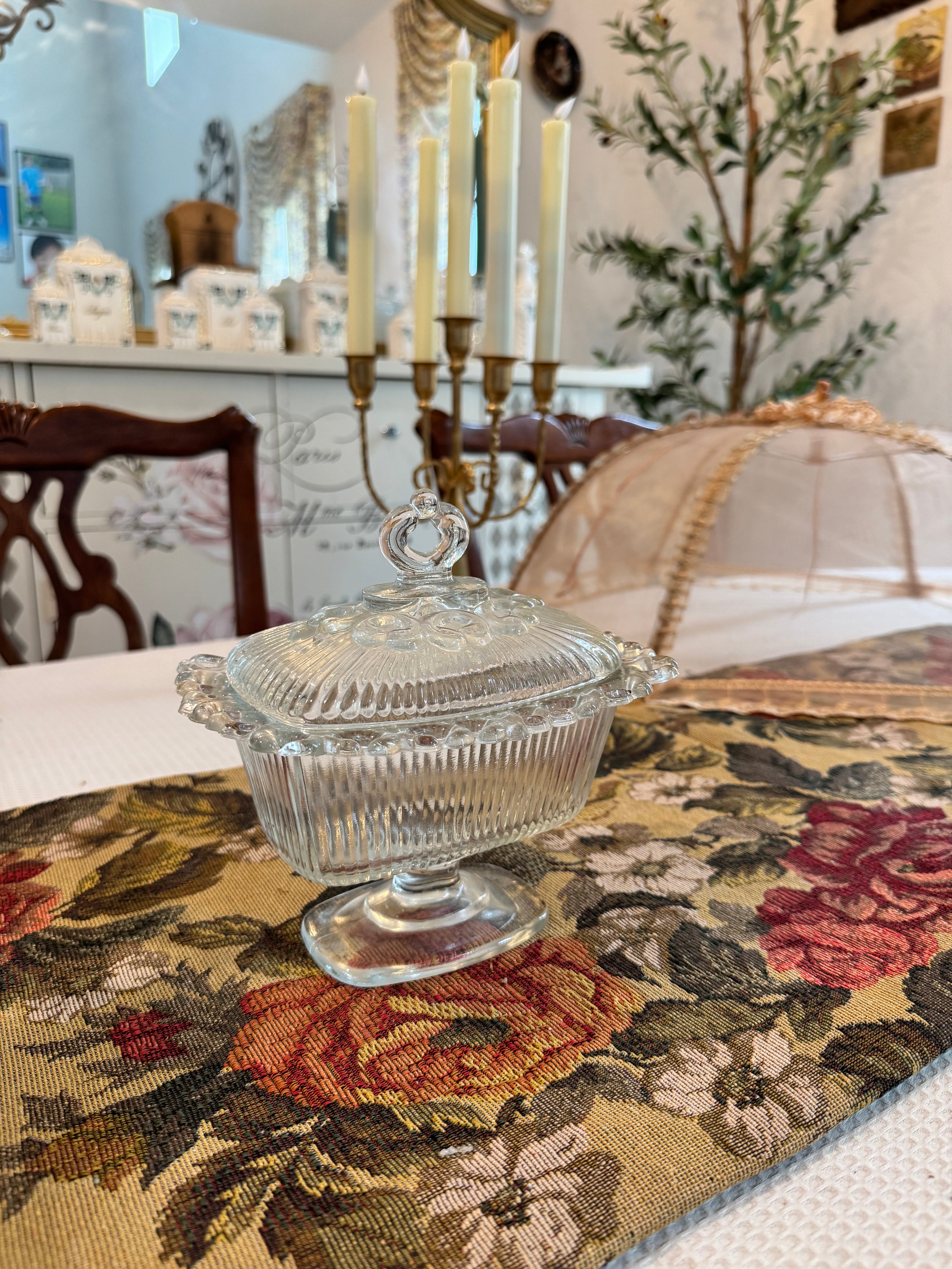 Vintage Indiana Glass company "Lace Edge" or "Open Lace" ribbed pedestal candy dish with a lid